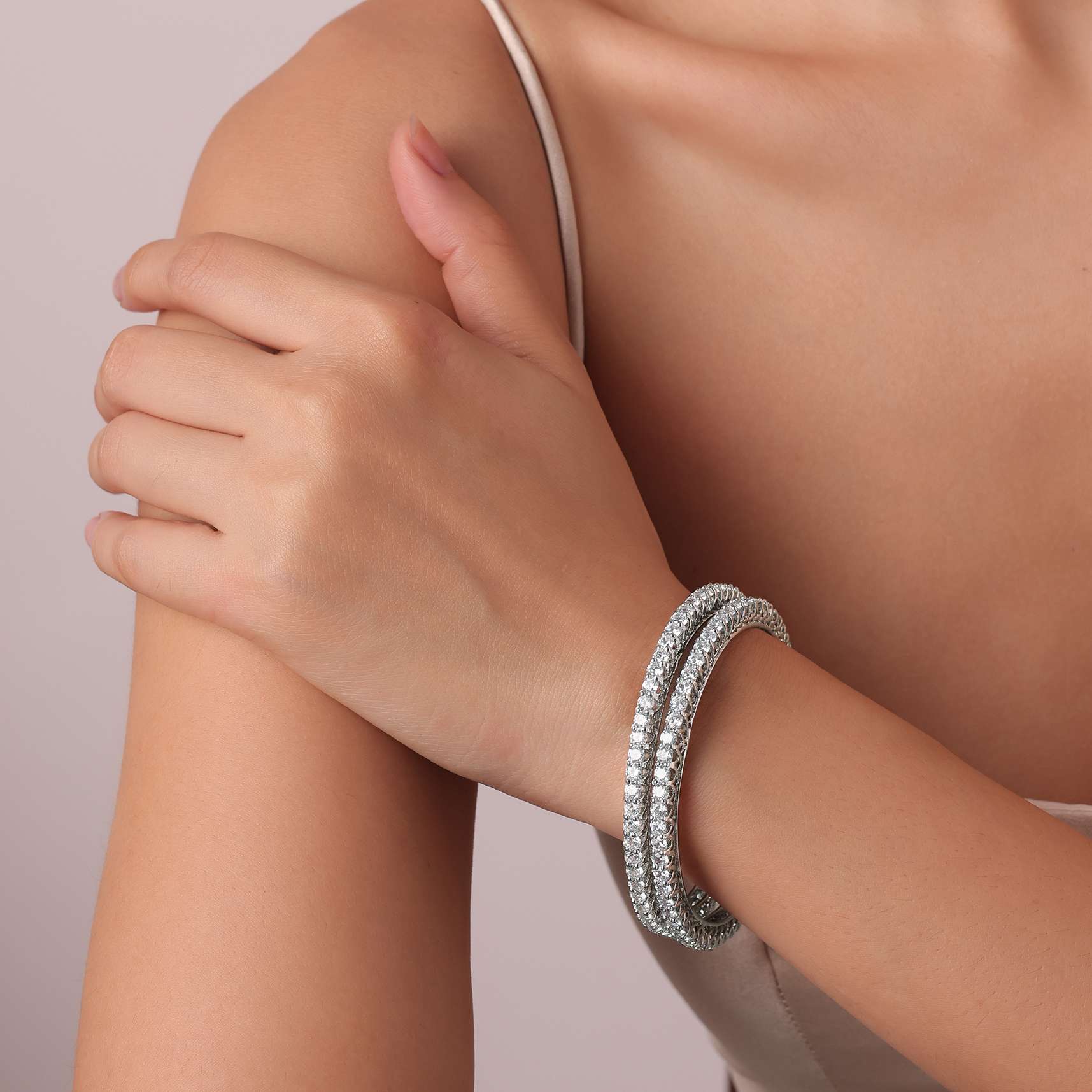 92.5 Sterling Silver Bangles With Studded Zirconia Stones Set of 2 - Image 4