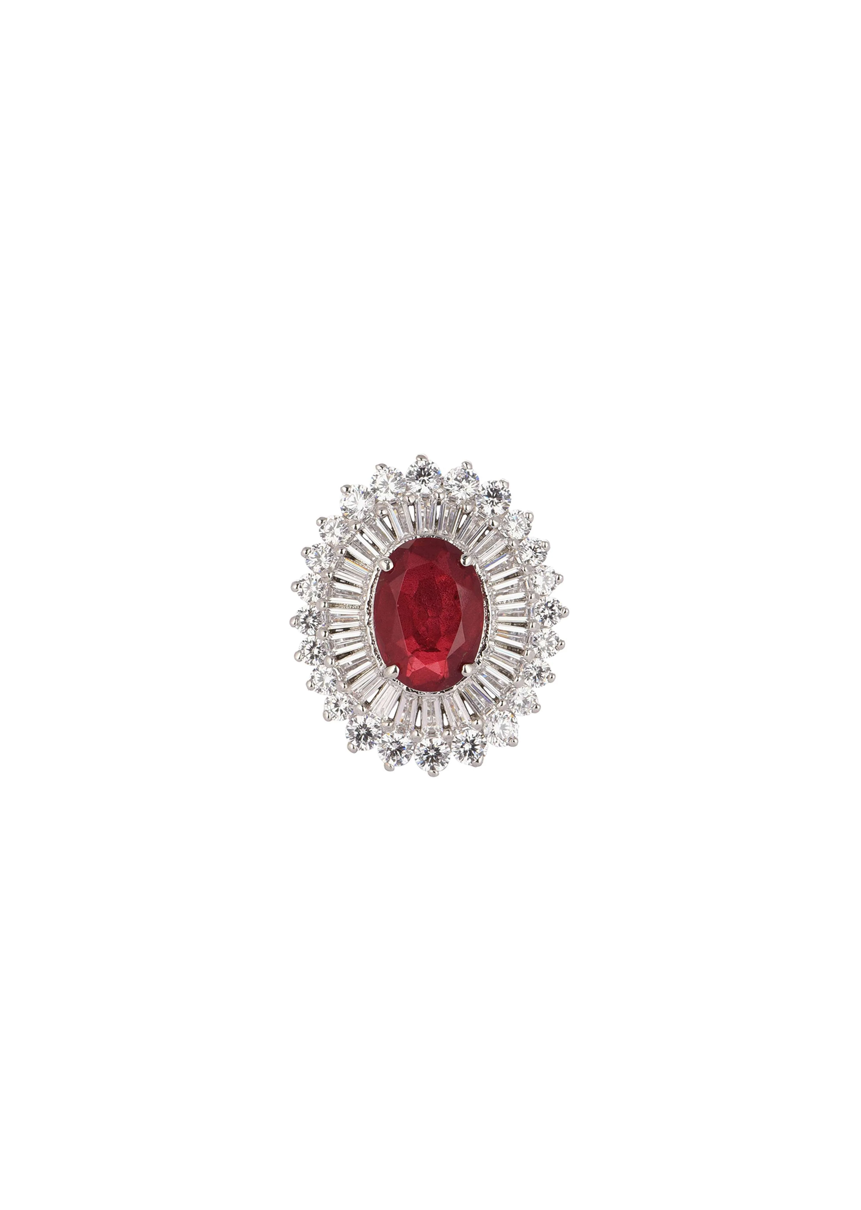 92.5 Sterling Silver Ring Studded With Lab Diamonds And A Round Garnet Red Stone - Image 3