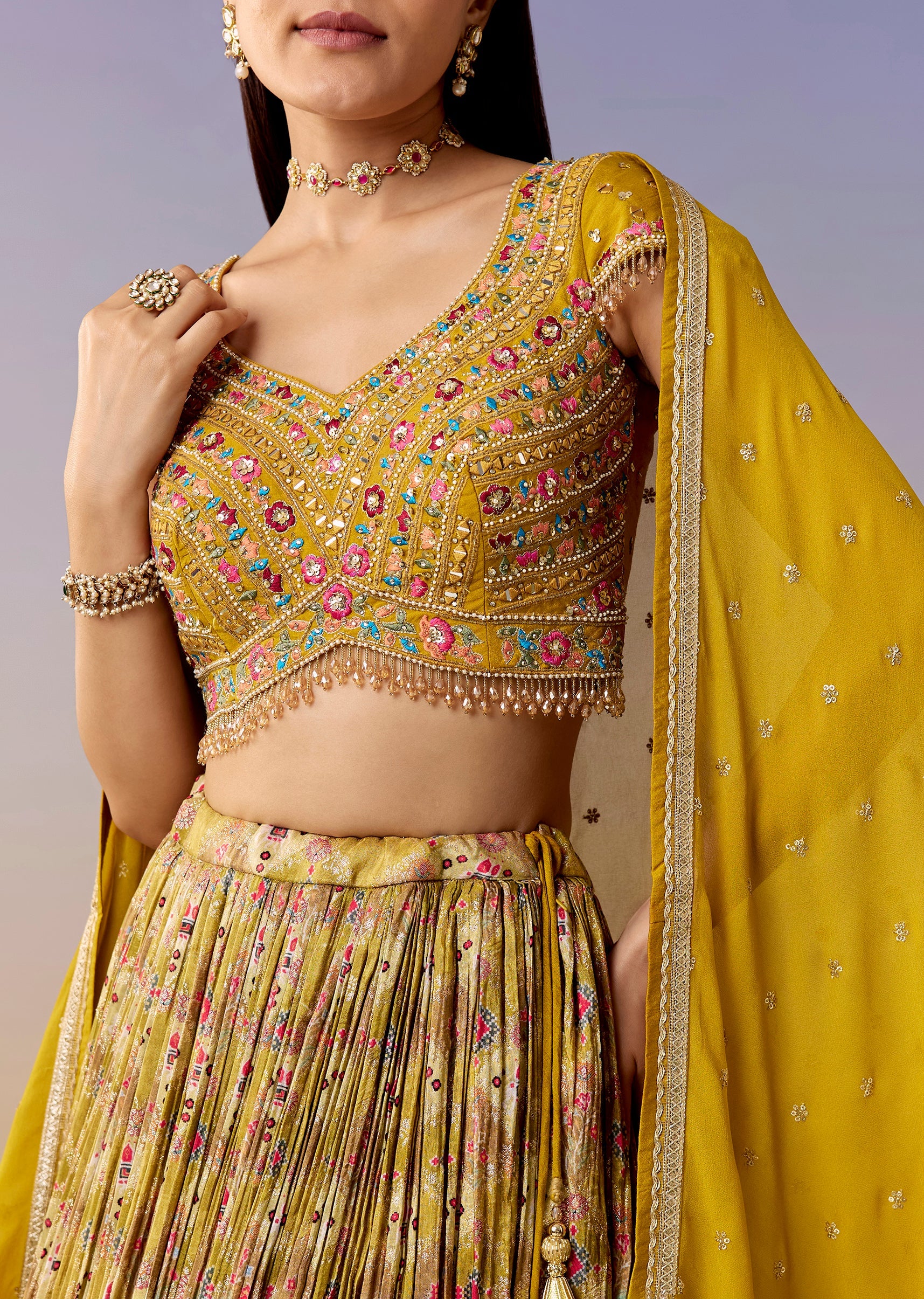 A Yellow Printed Bridesmaid Lehenga Sets - Image 3