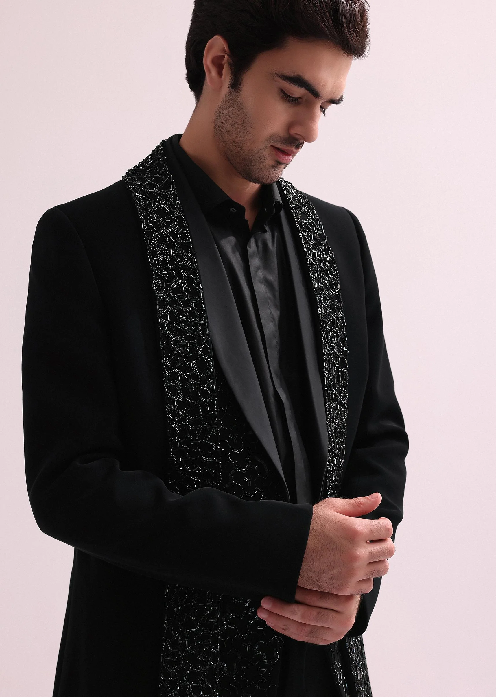 Aditya Roy Kapur In Our Black Double Layered Indo Western Jacket With Shirt And Pant - Image 3