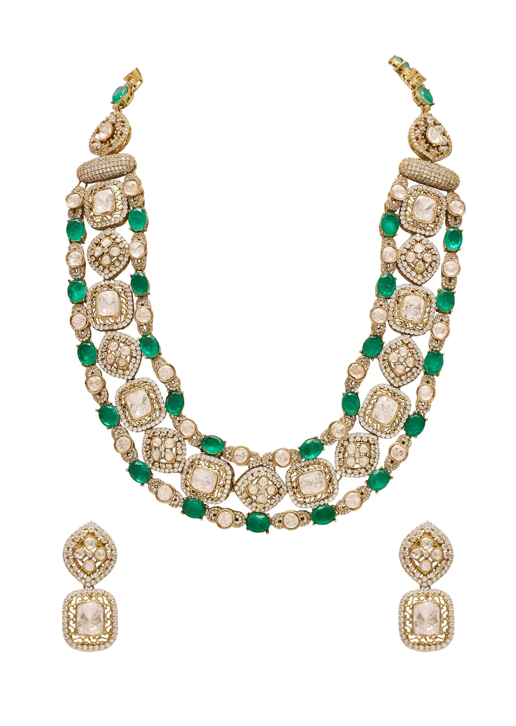 Antique Green Kundan Polki Layered Necklace Set - Image 2
