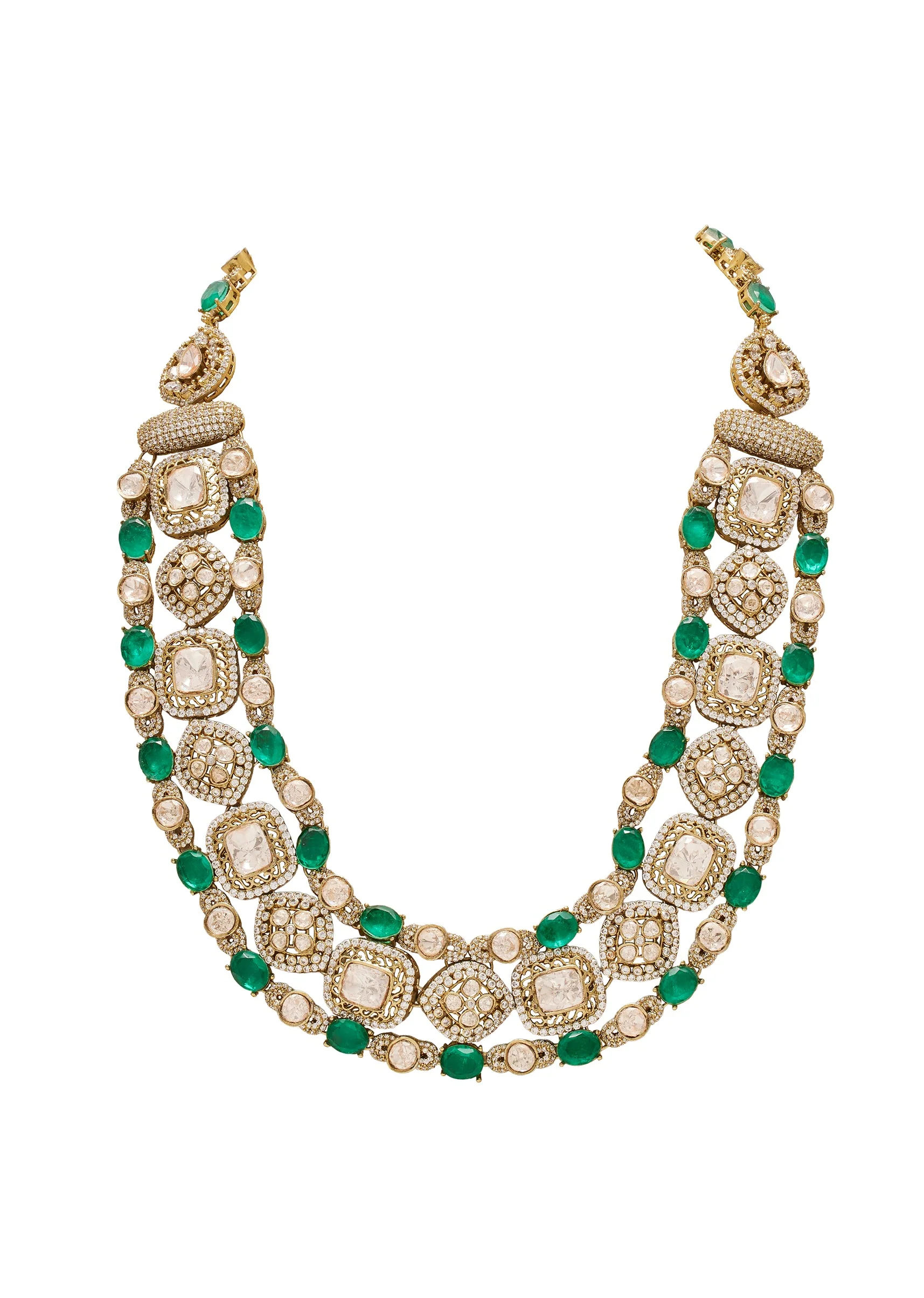 Antique Green Kundan Polki Layered Necklace Set - Image 3