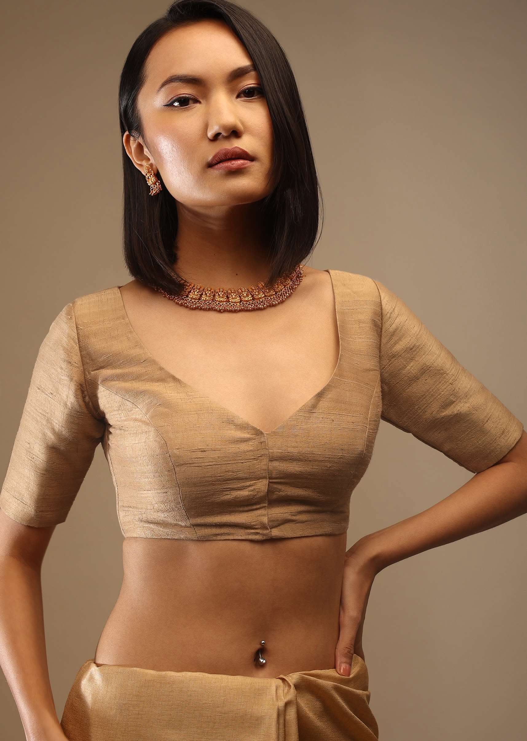 Apple Cinnamon Half Sleeveless Blouse In A Sweetheart Neckline Raw Silk With Front Hooks Closure - Image 3