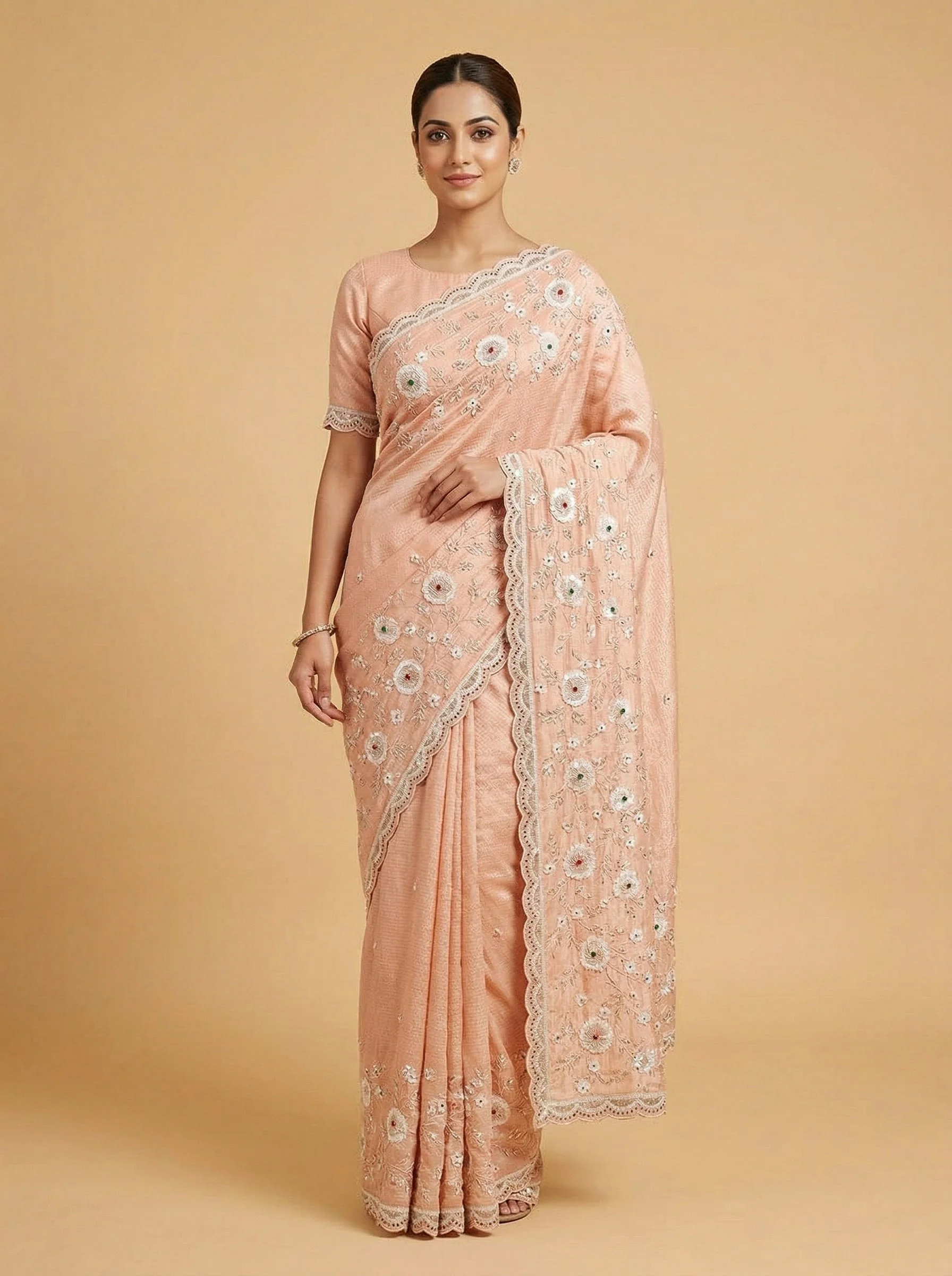 Apricot Peach Embellished Saree
