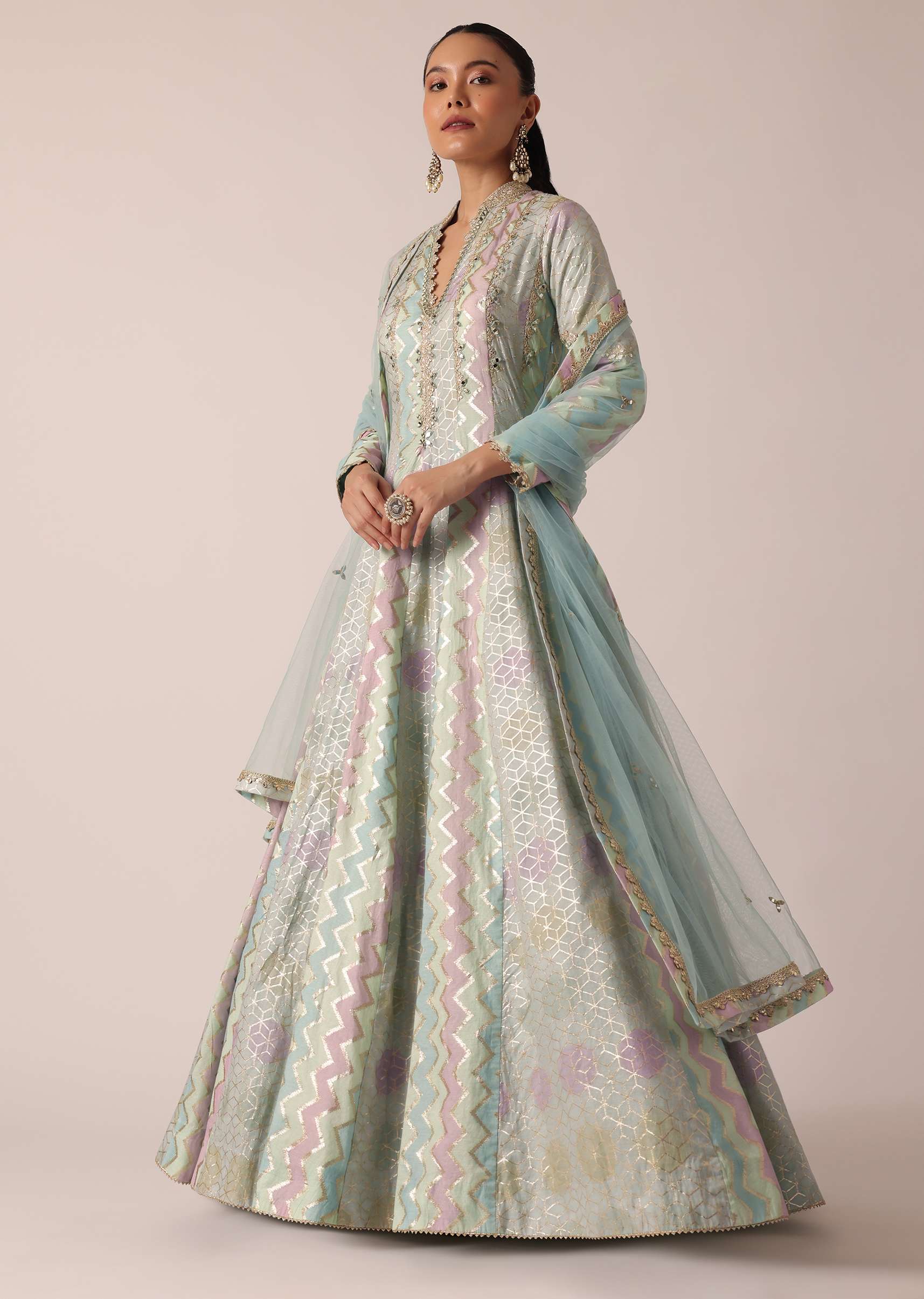 Aqua Blue Chanderi Anarkali Set With Brocade Detail - Image 2