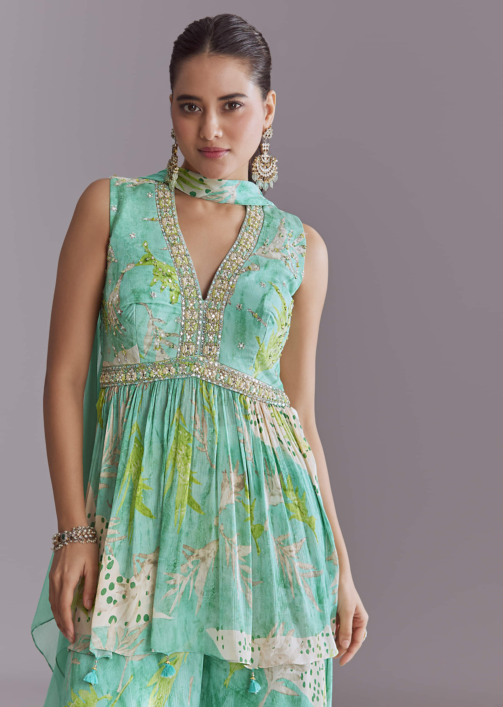 Aqua Blue Chinon Palazzo Suit With Printed Motifs - Image 3