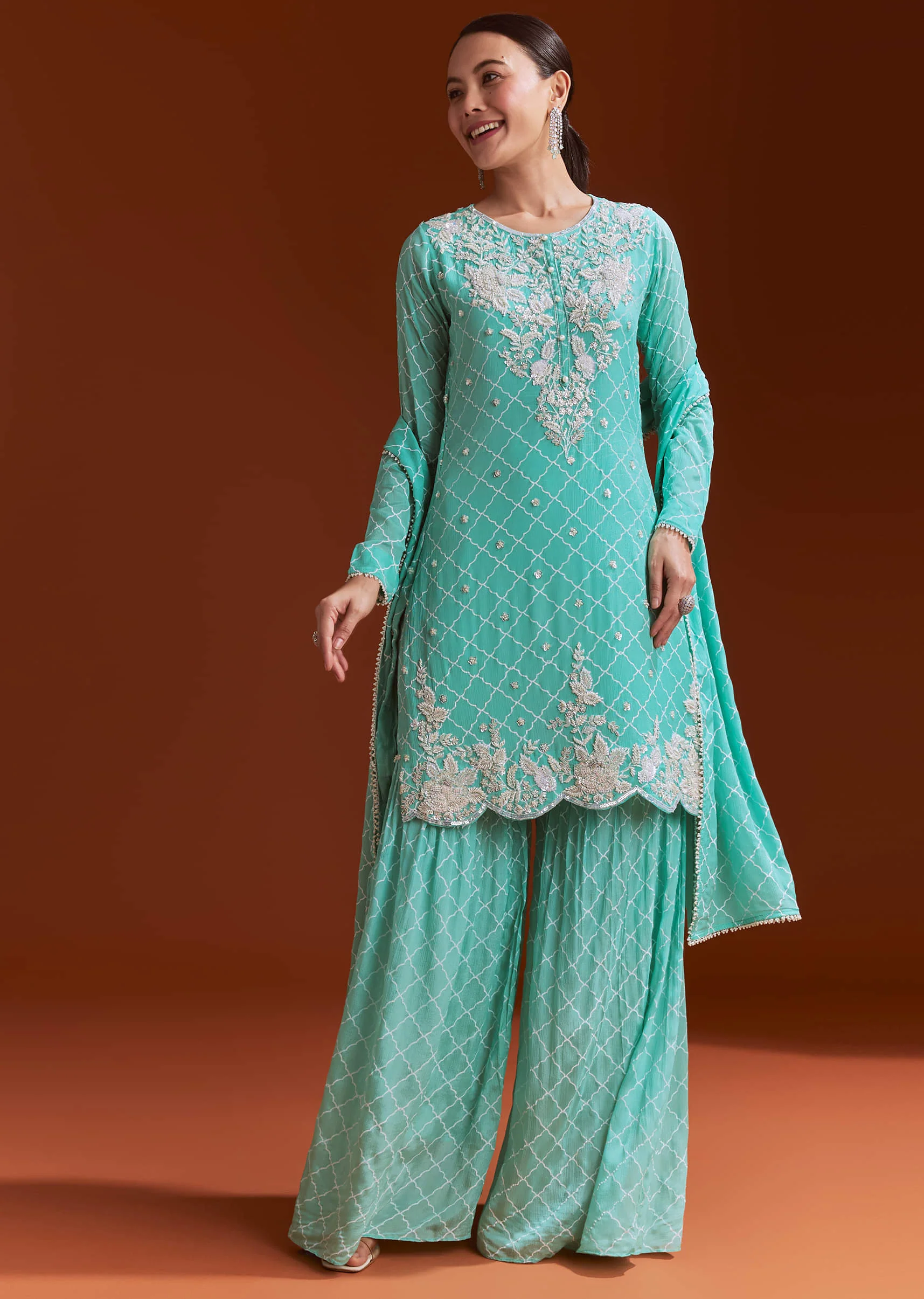 Aqua Blue Chinon Sharara Set With Cutdana And Sequins - Image 2