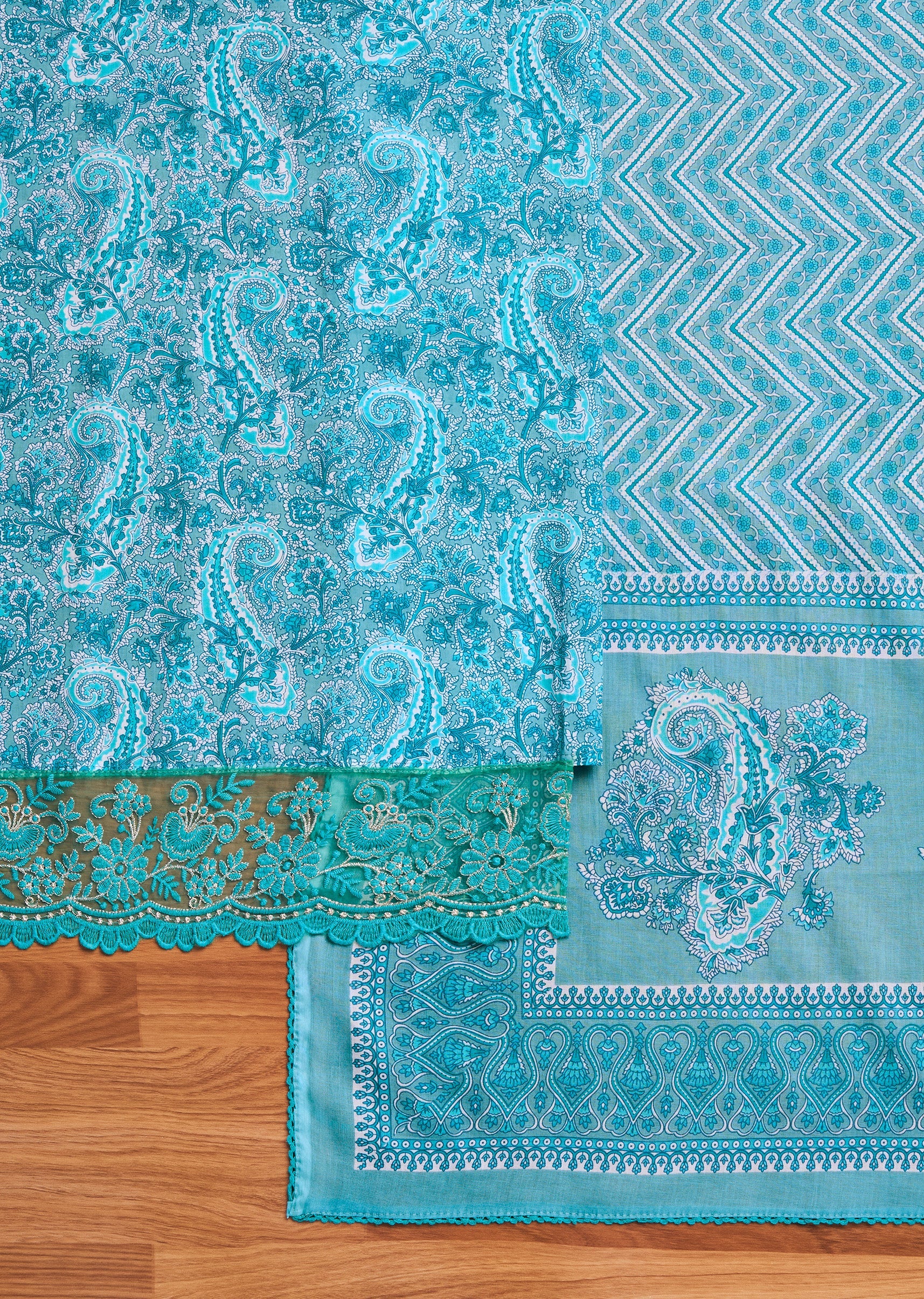 Aqua Blue Cotton Printed Unstitched Suit Set - Image 3