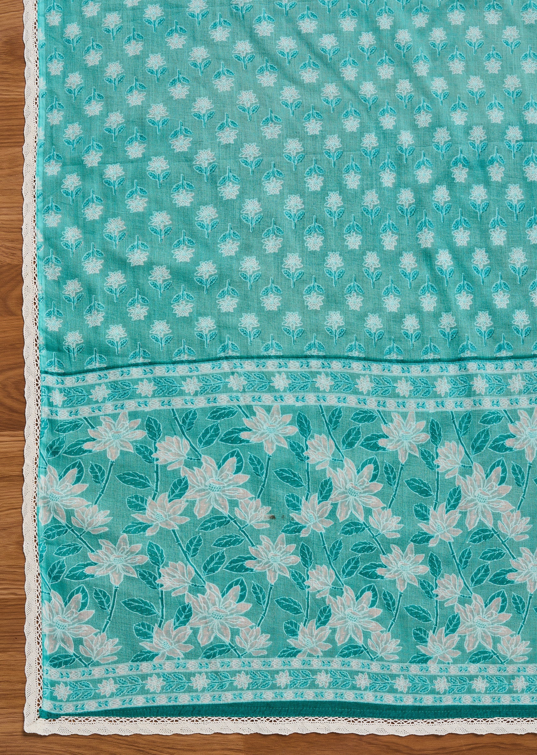 Aqua Blue Cotton Unstitched Suit With Dupatta - Image 5