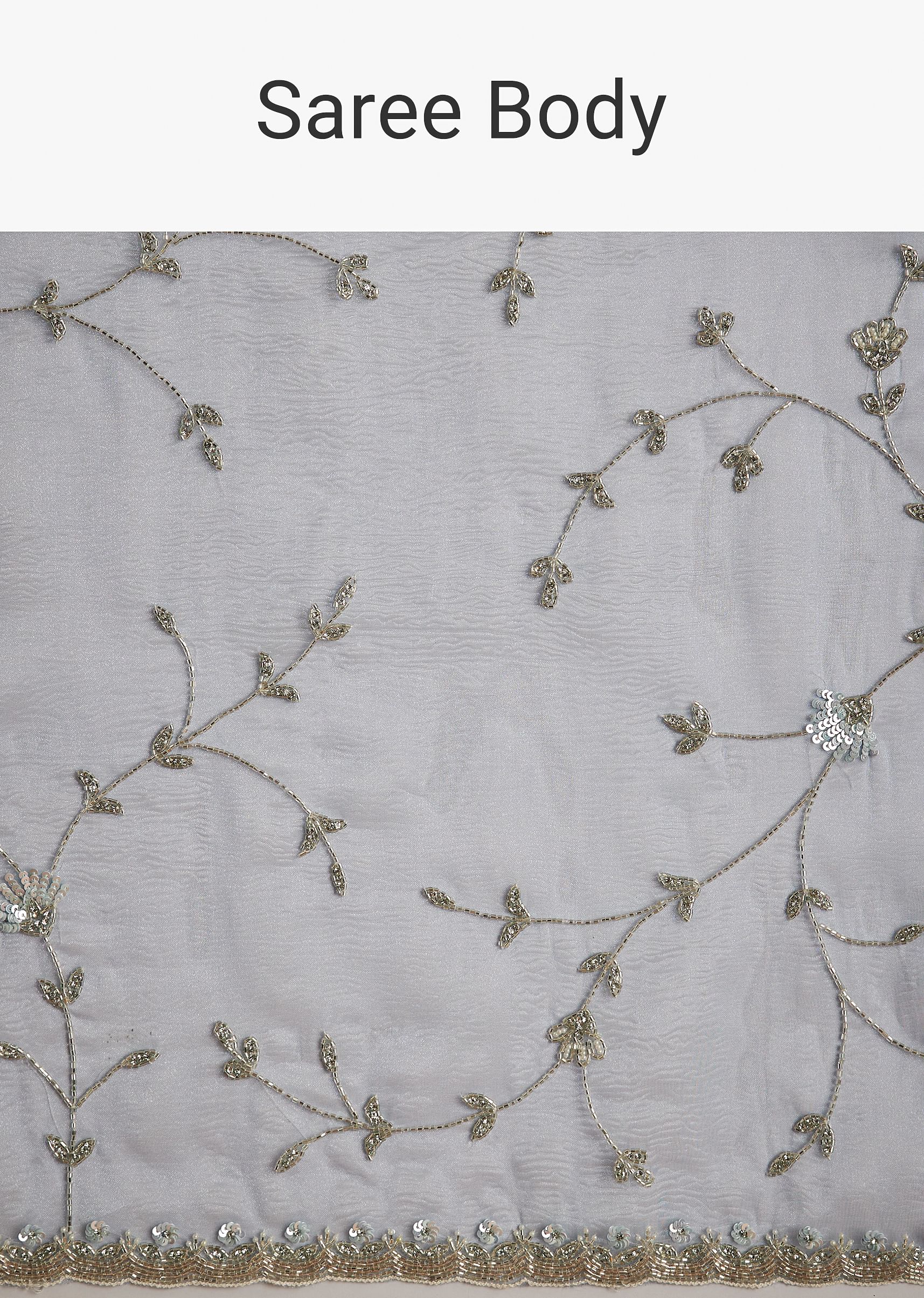 Aqua Blue Crushed Tissue Saree With Floral Jaal Embroidery - Image 9