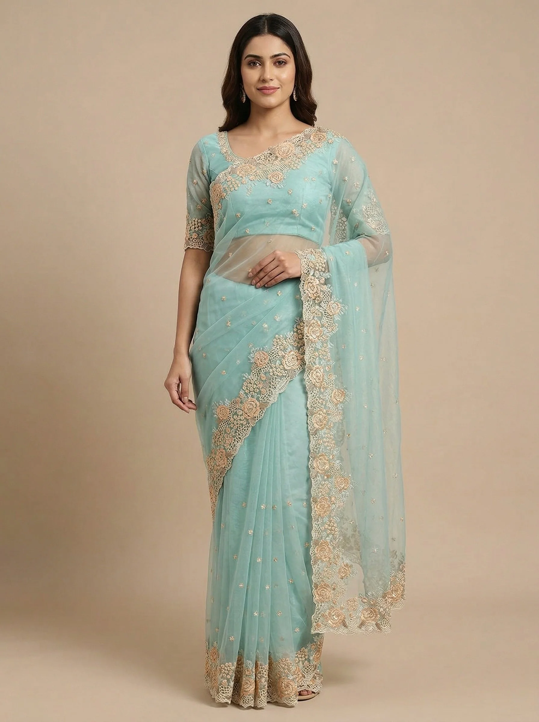 Aqua Blue Embroidered Saree