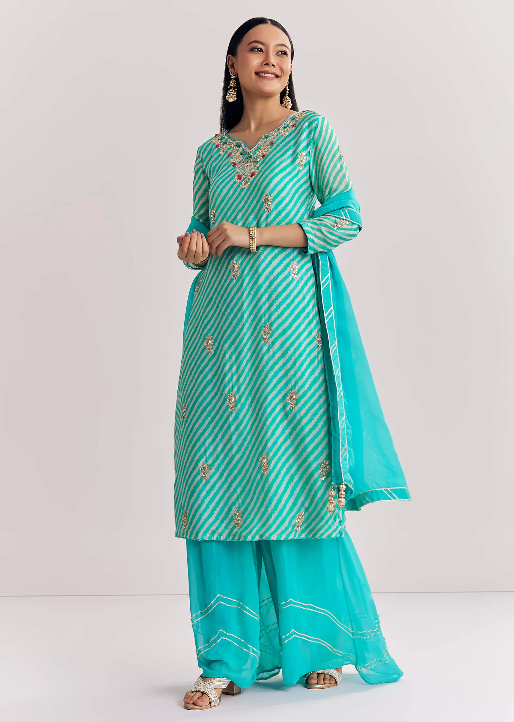 Aqua blue Georgette Kurta Palazzo Suit With Organza Dupatta And Gotta Work - Image 3