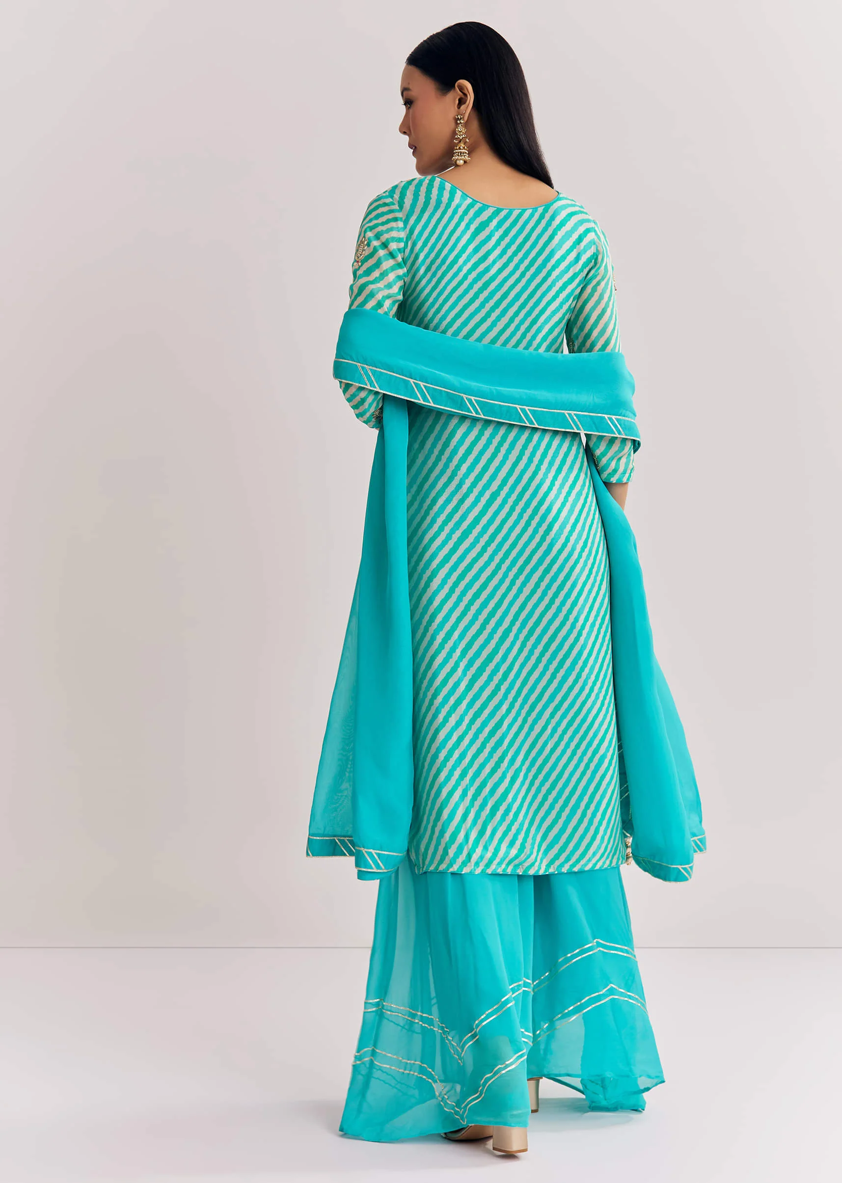 Aqua blue Georgette Kurta Palazzo Suit With Organza Dupatta And Gotta Work - Image 5