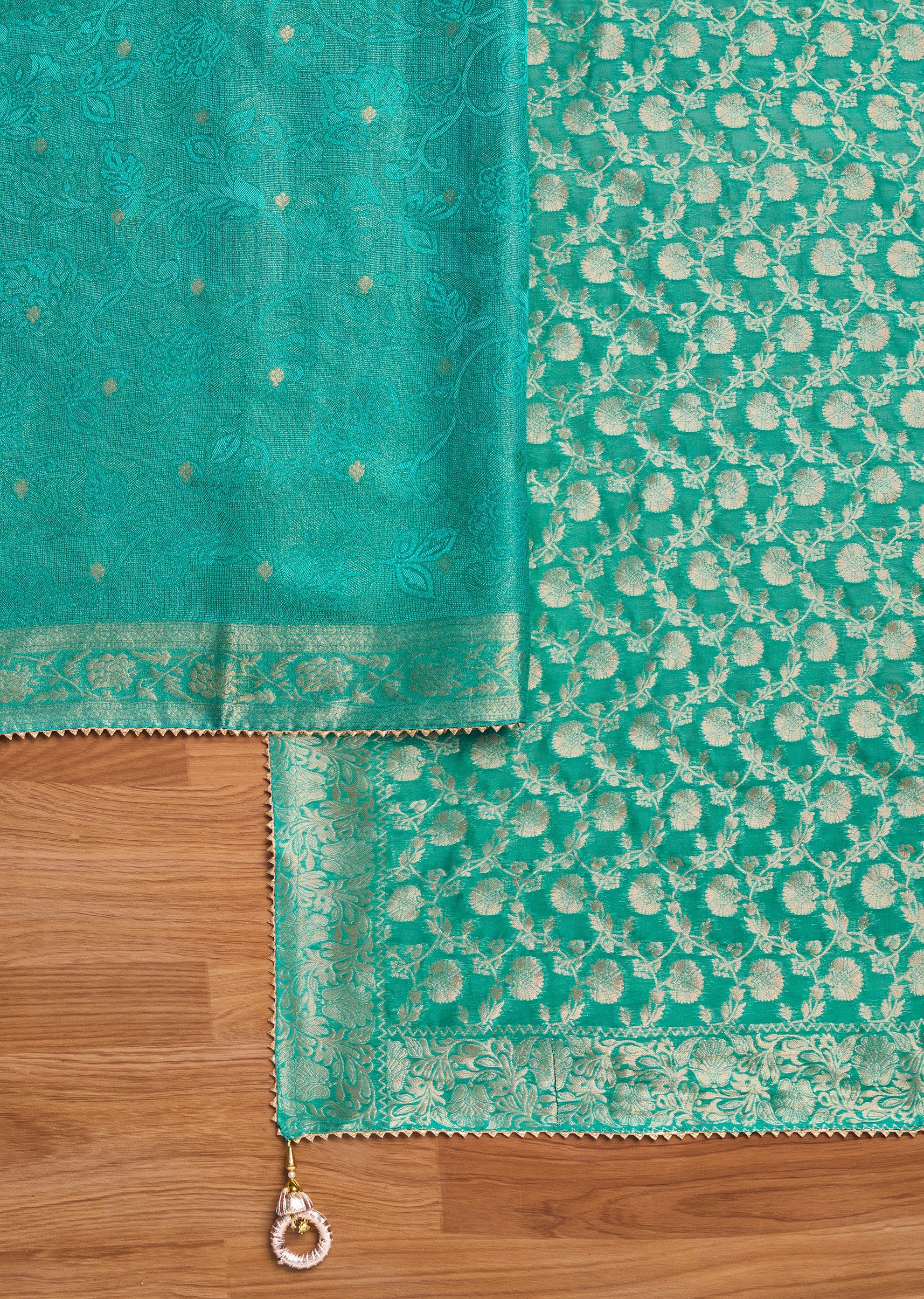 Aqua Blue Jacquard Unstitched Suit Set - Image 3