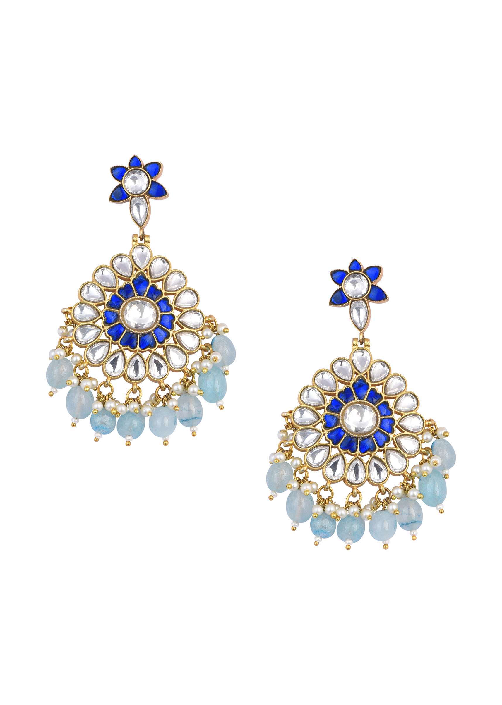 Aqua Blue Kundan Danglers With Stone Drops - Image 2