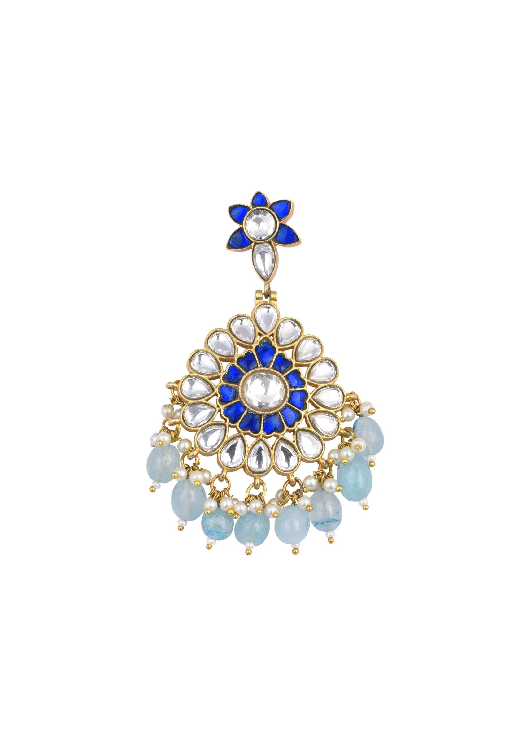 Aqua Blue Kundan Danglers With Stone Drops - Image 3