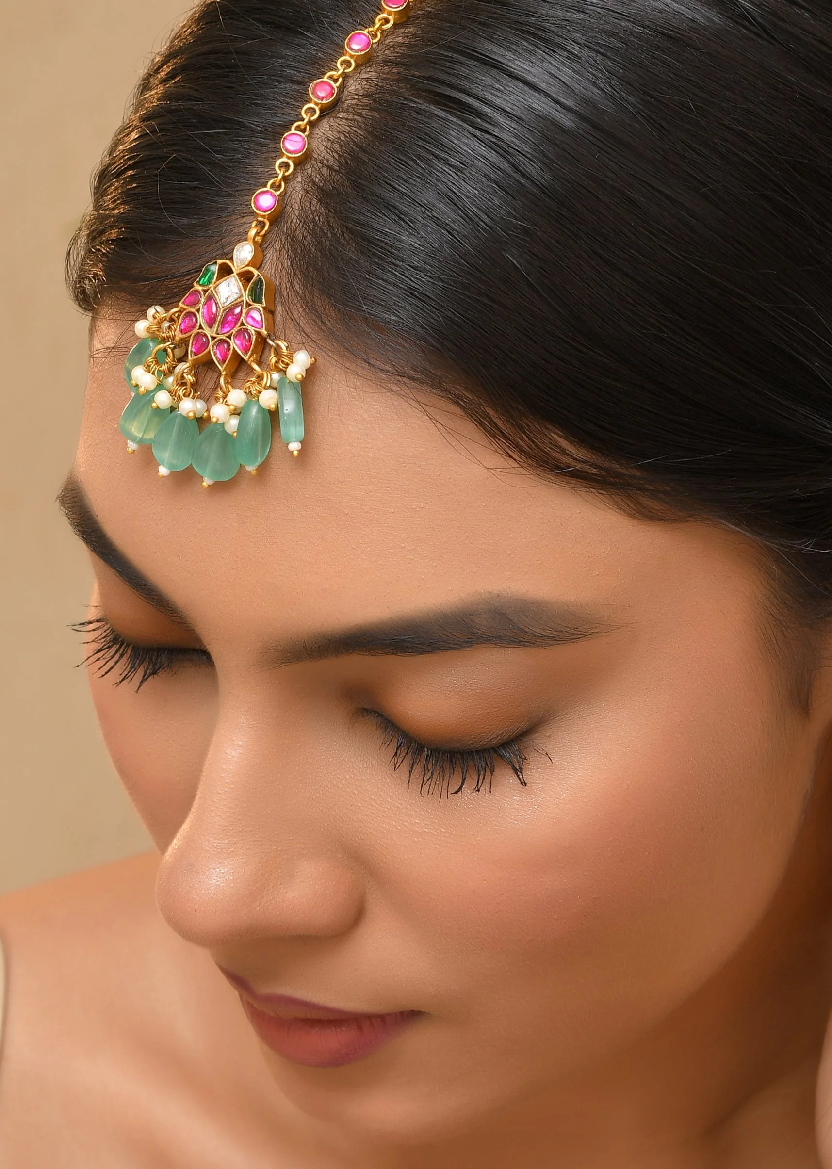 Aqua Blue Kundan Maangtikka with Bead Drops