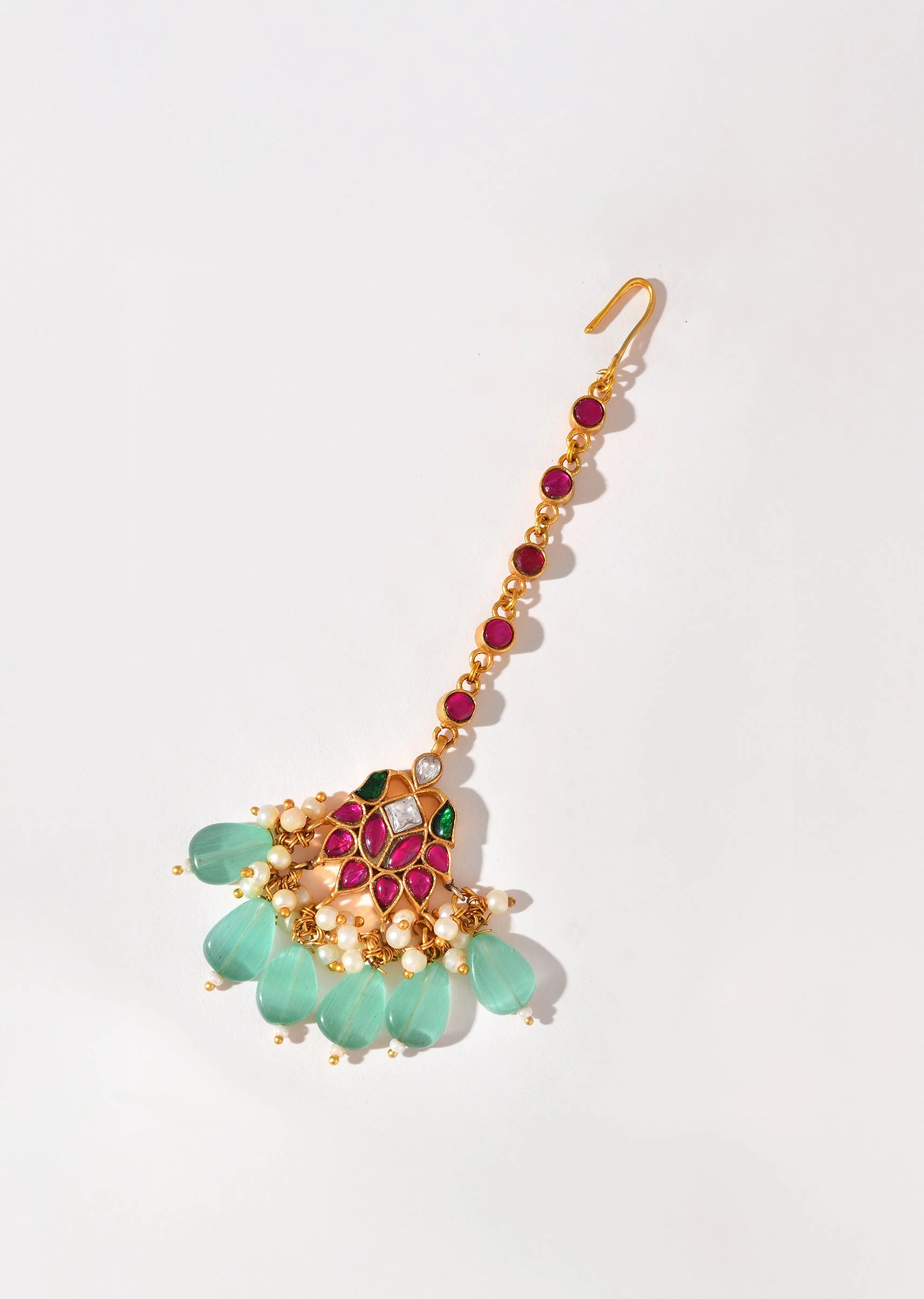 Aqua Blue Kundan Maangtikka with Bead Drops - Image 2