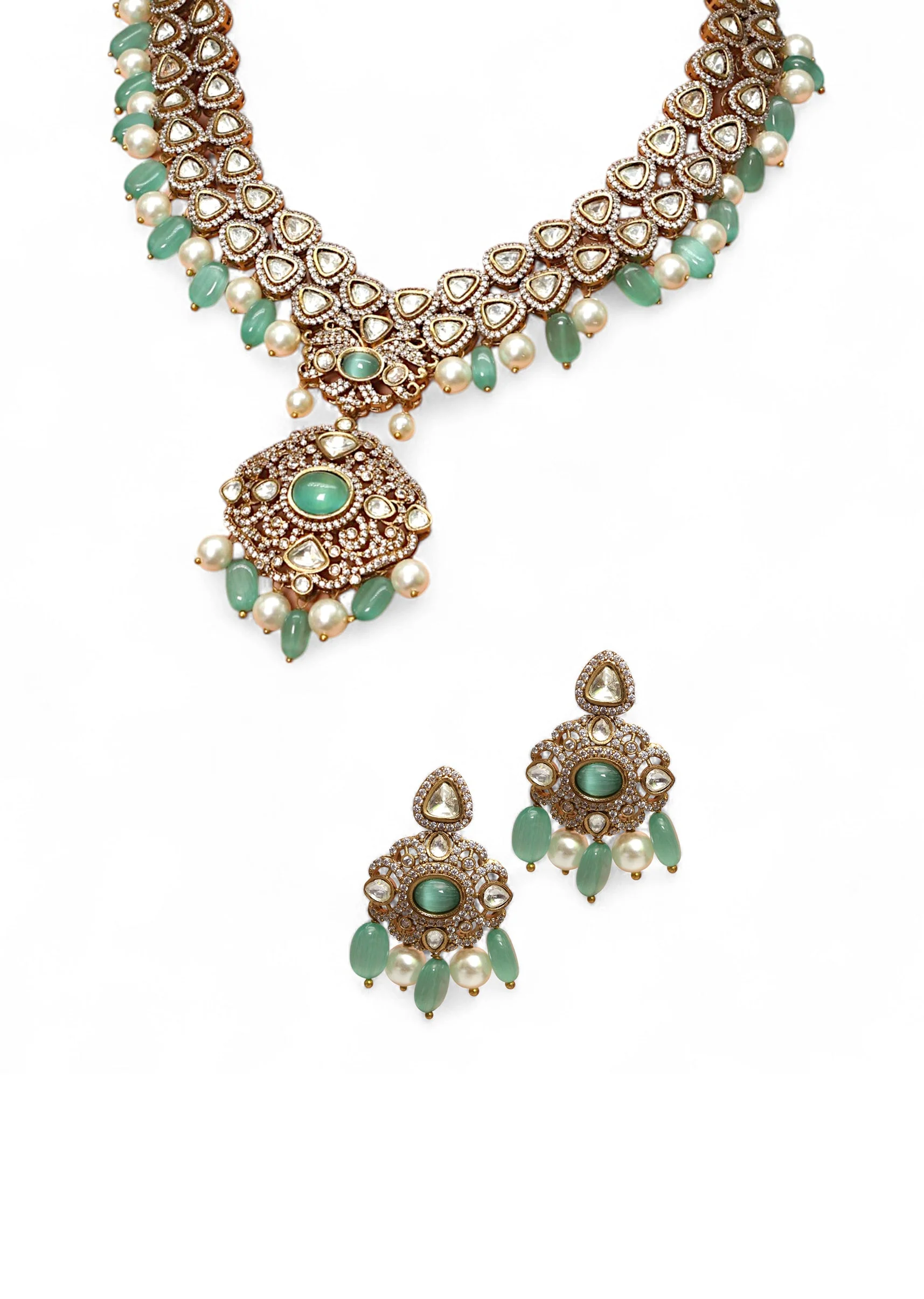 Aqua Blue Layered Modern Polki Pendant Necklace Set - Image 3