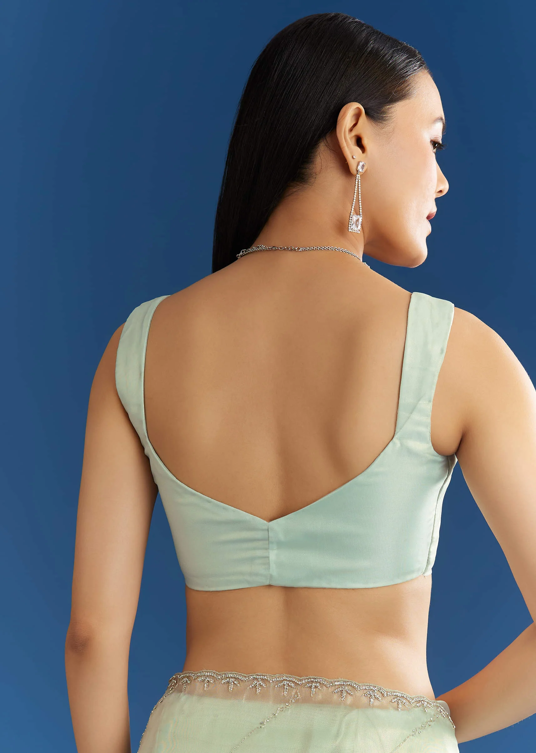 Aqua Blue Organza Tissue Saree With Embellished Border - Image 8