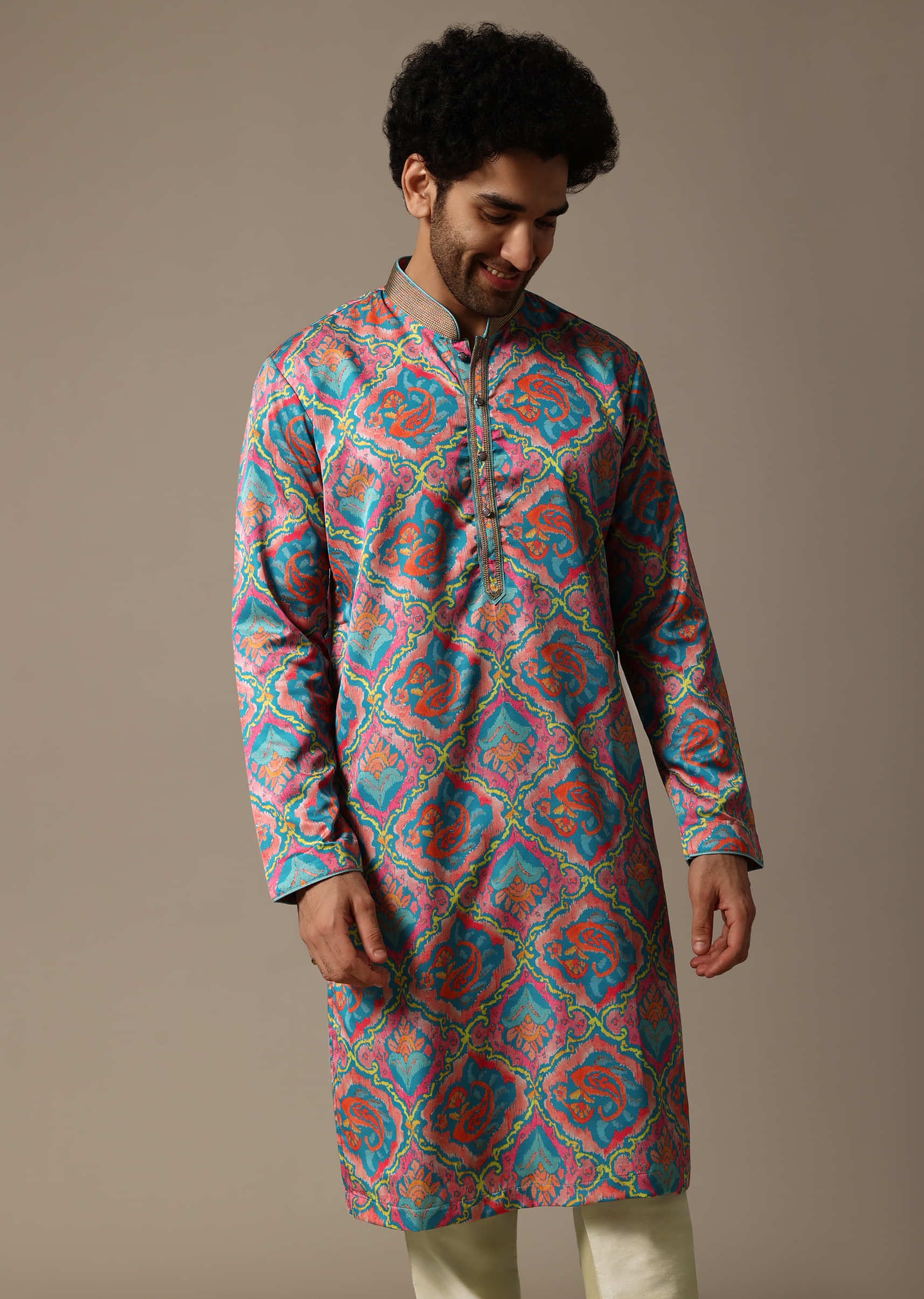 Aqua Blue Printed Silk Kurta Set For Men - Image 4