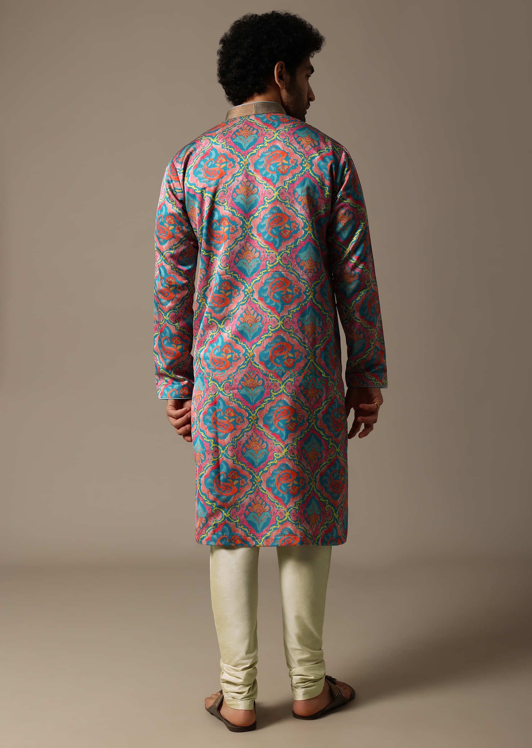 Aqua Blue Printed Silk Kurta Set For Men - Image 5