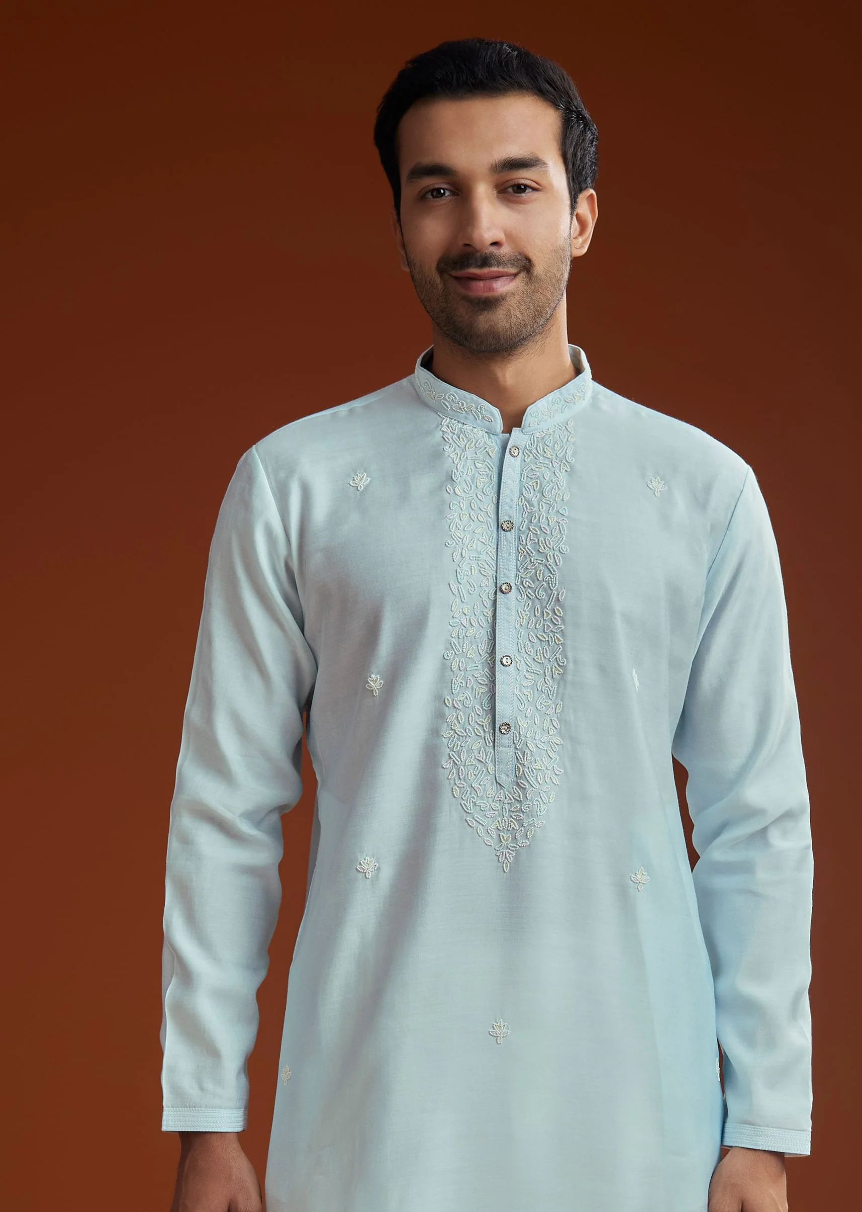 Aqua Blue Silk Embroidered Kurta Set - Image 3