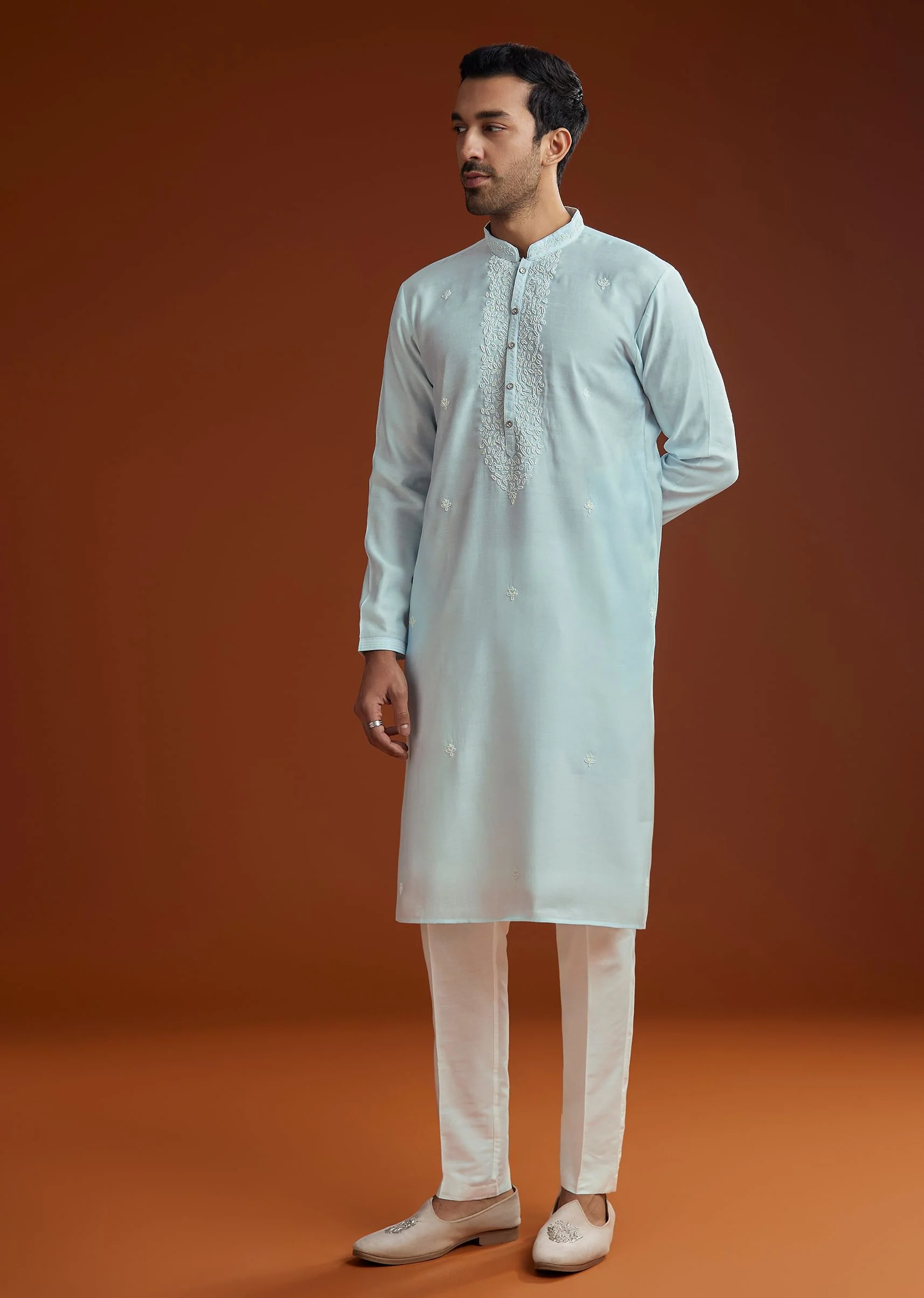 Aqua Blue Silk Embroidered Kurta Set - Image 4