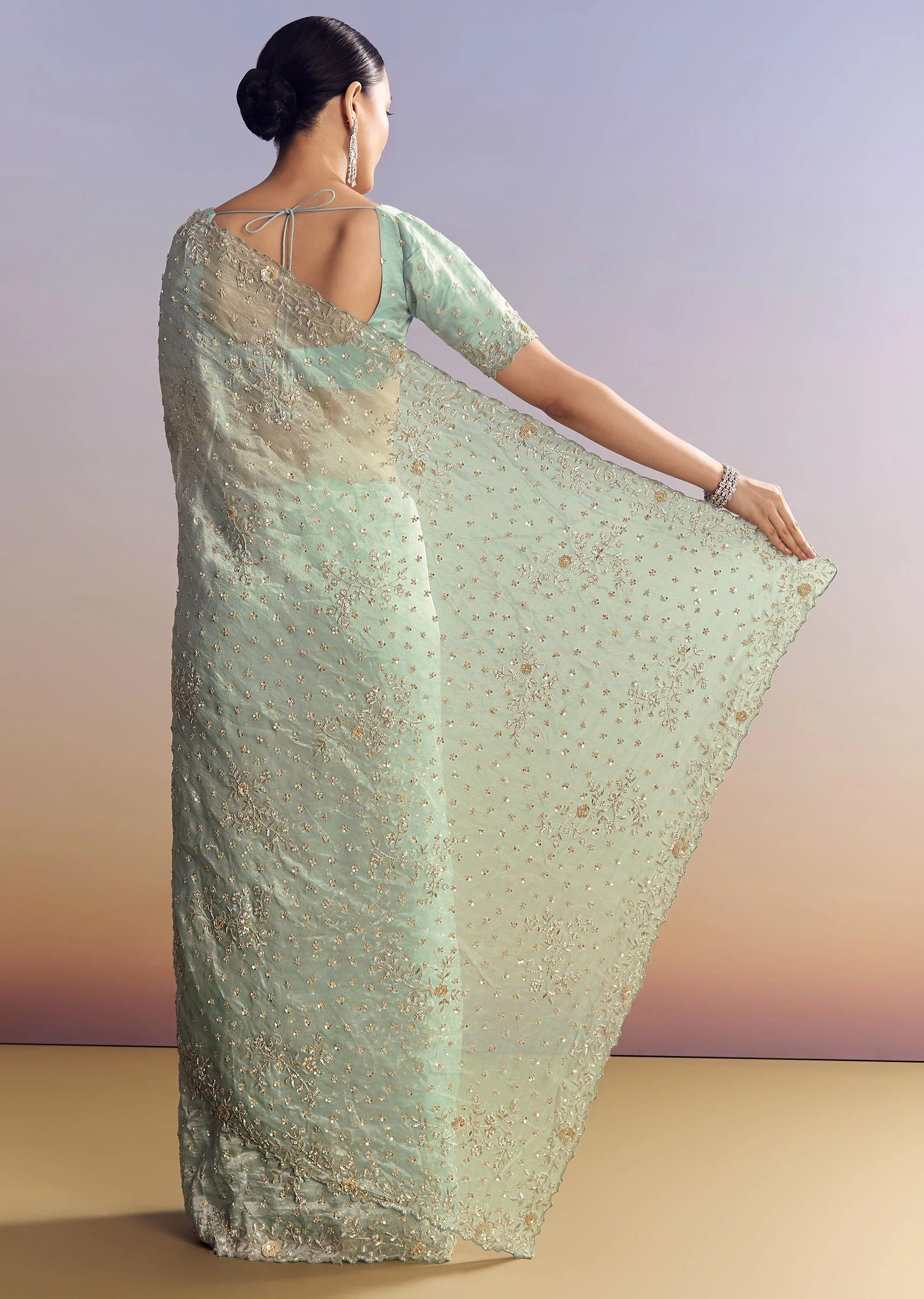 Aqua Blue Tissue Saree With Cutwork And Unstitched Embellished Blouse - Image 5