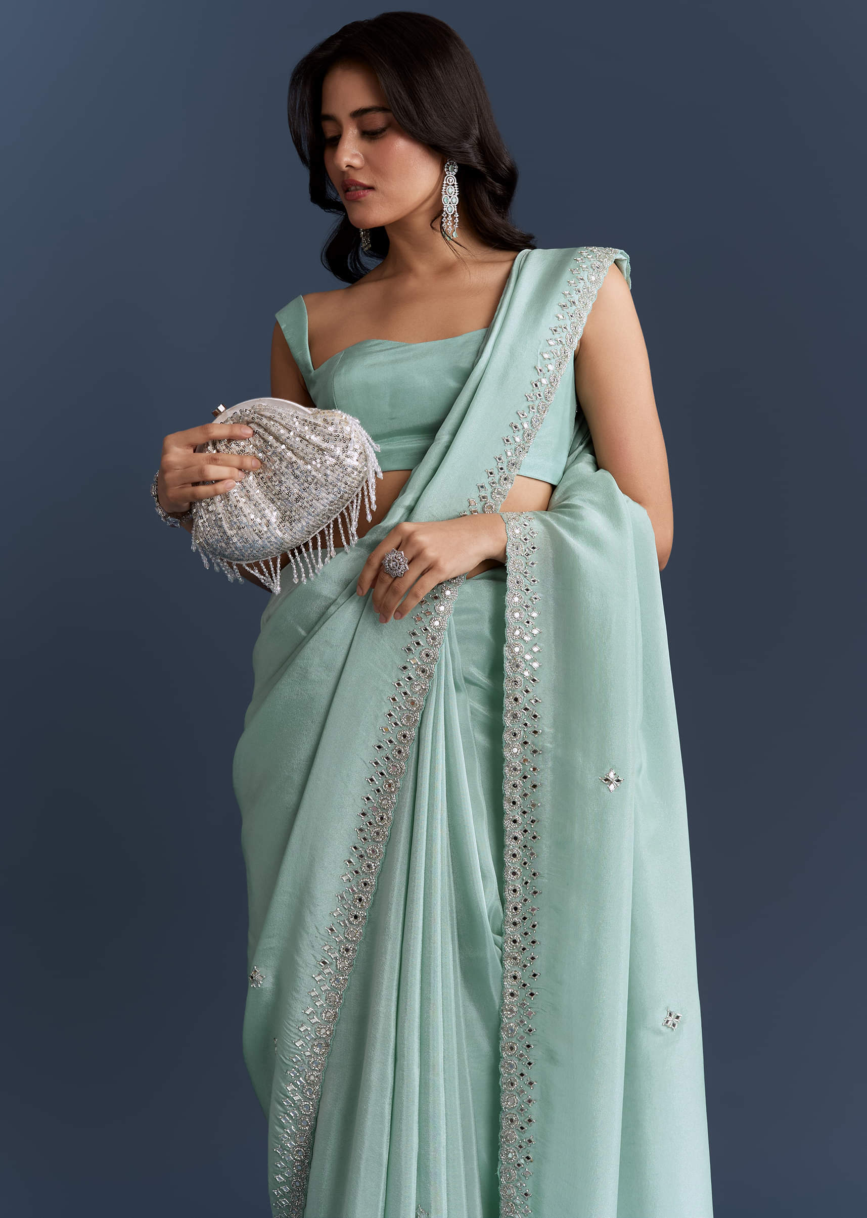 Aqua Blue Tissue Saree With Heavy Hand Embroidery - Image 5