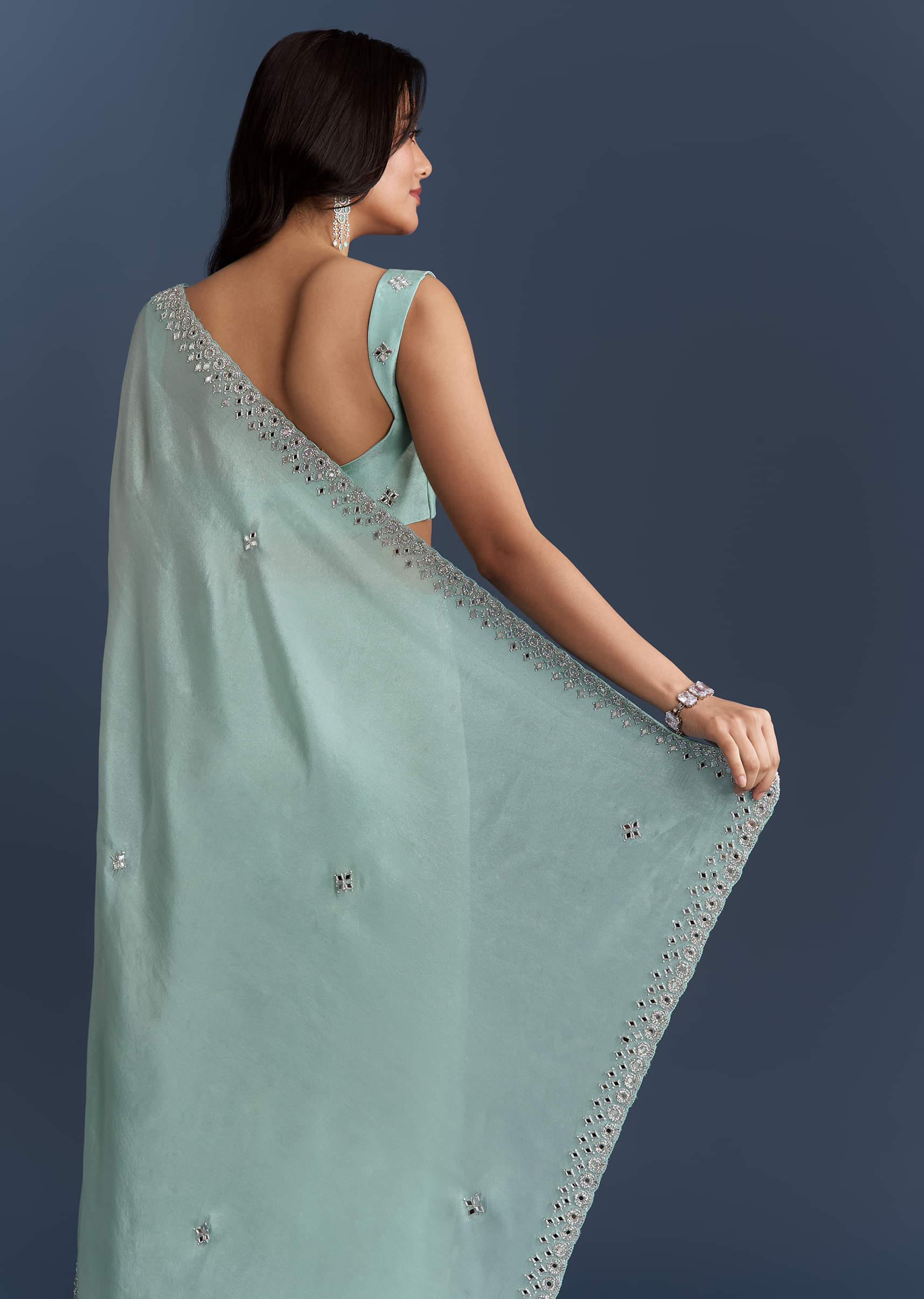 Aqua Blue Tissue Saree With Heavy Hand Embroidery - Image 6