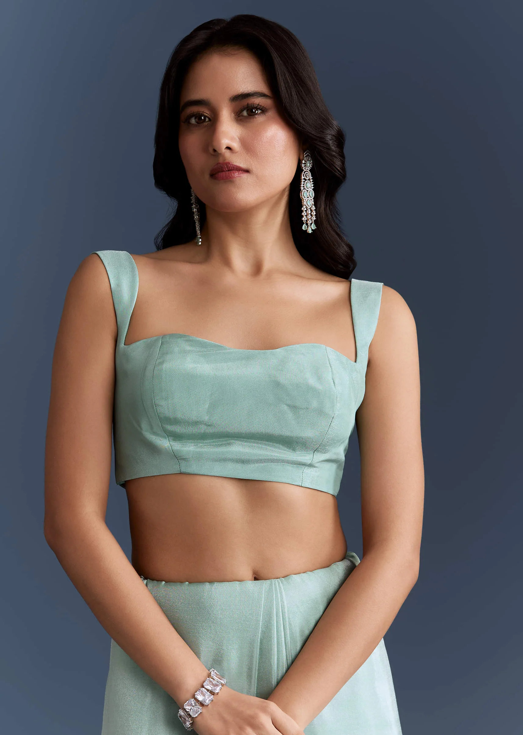 Aqua Blue Tissue Saree With Heavy Hand Embroidery - Image 7