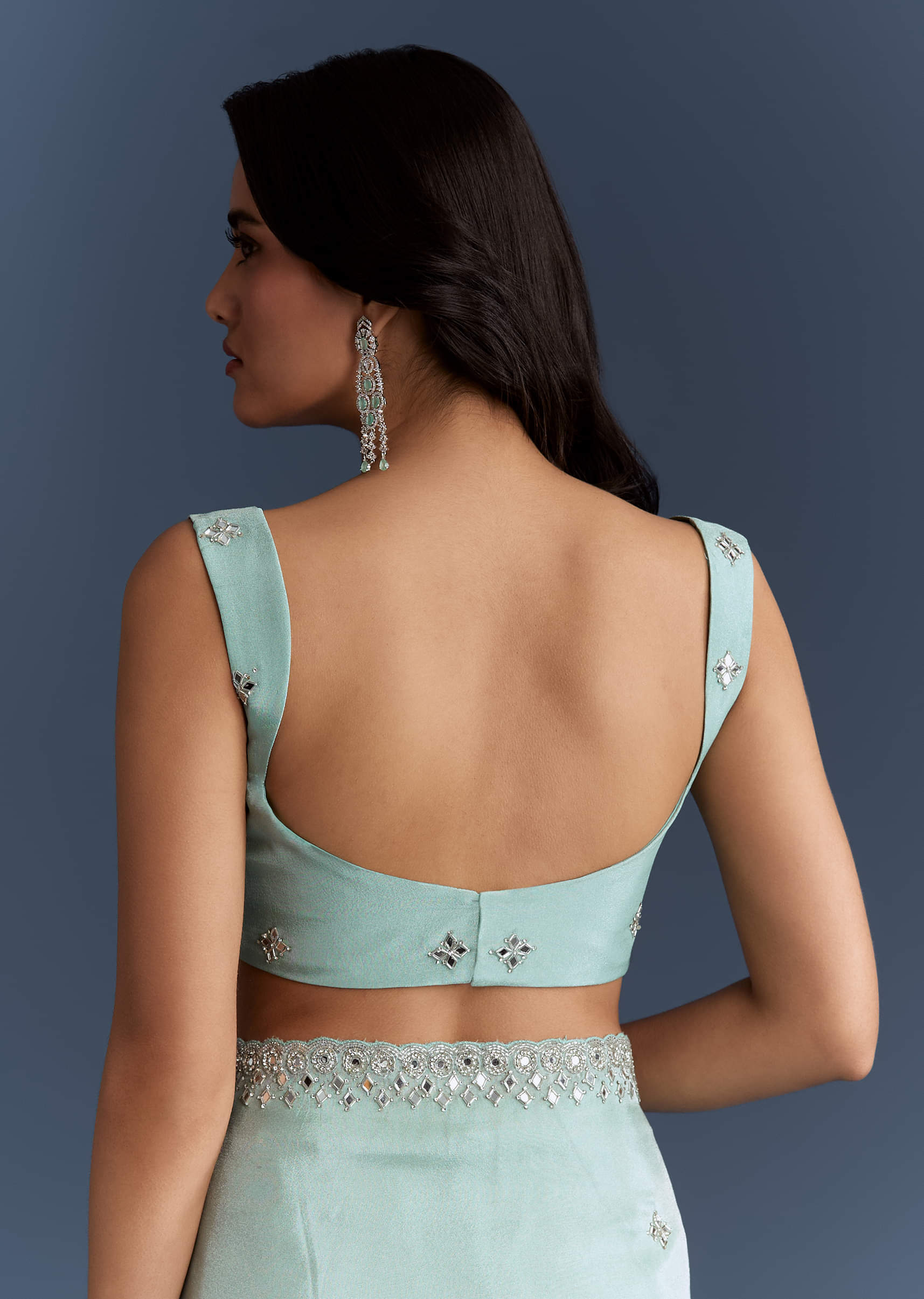 Aqua Blue Tissue Saree With Heavy Hand Embroidery - Image 8