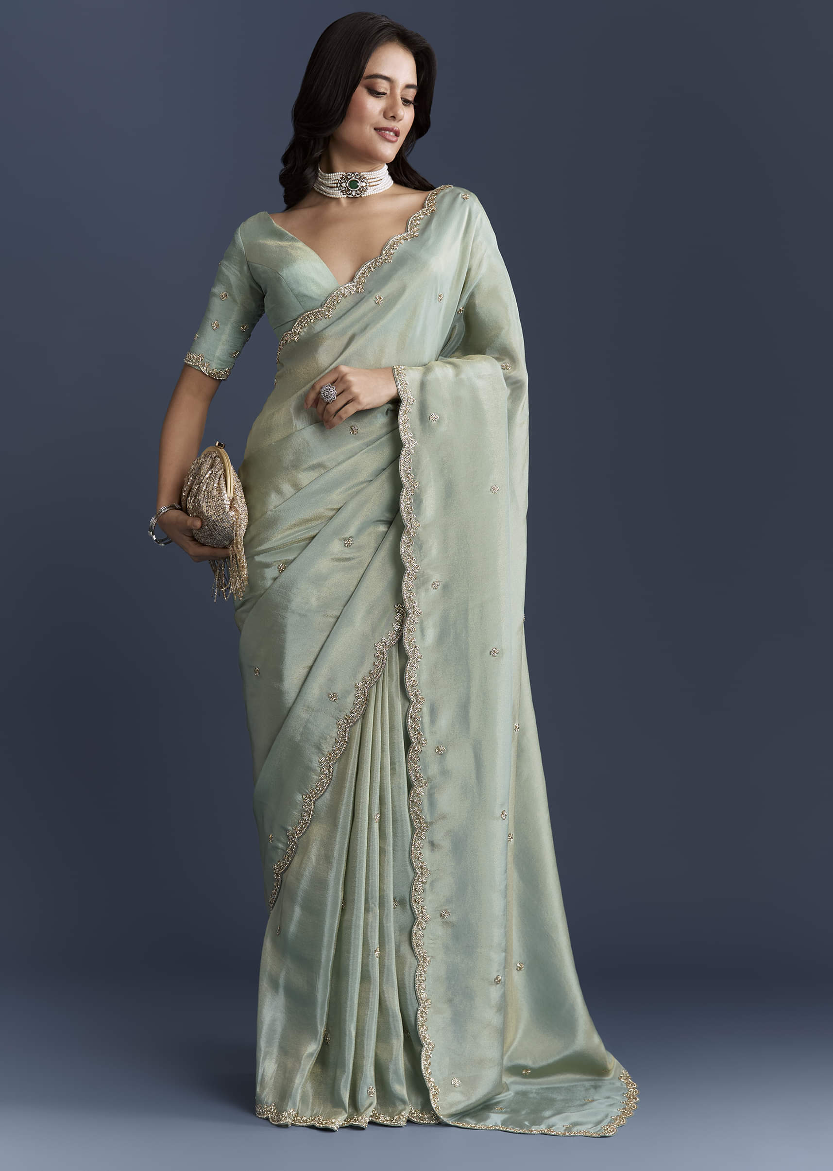 Aqua Blue Tissue Saree With Intricate Hand Embroidery - Image 3
