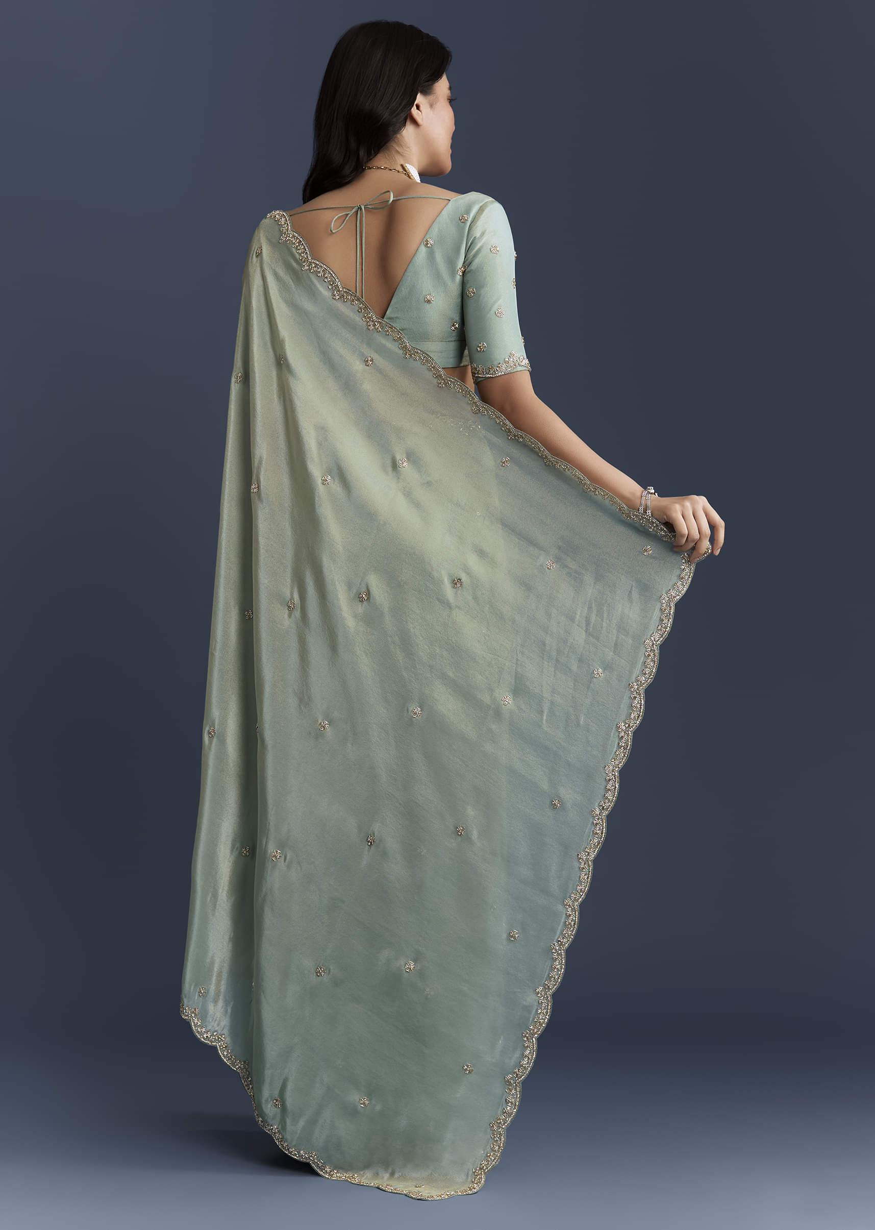 Aqua Blue Tissue Saree With Intricate Hand Embroidery - Image 4