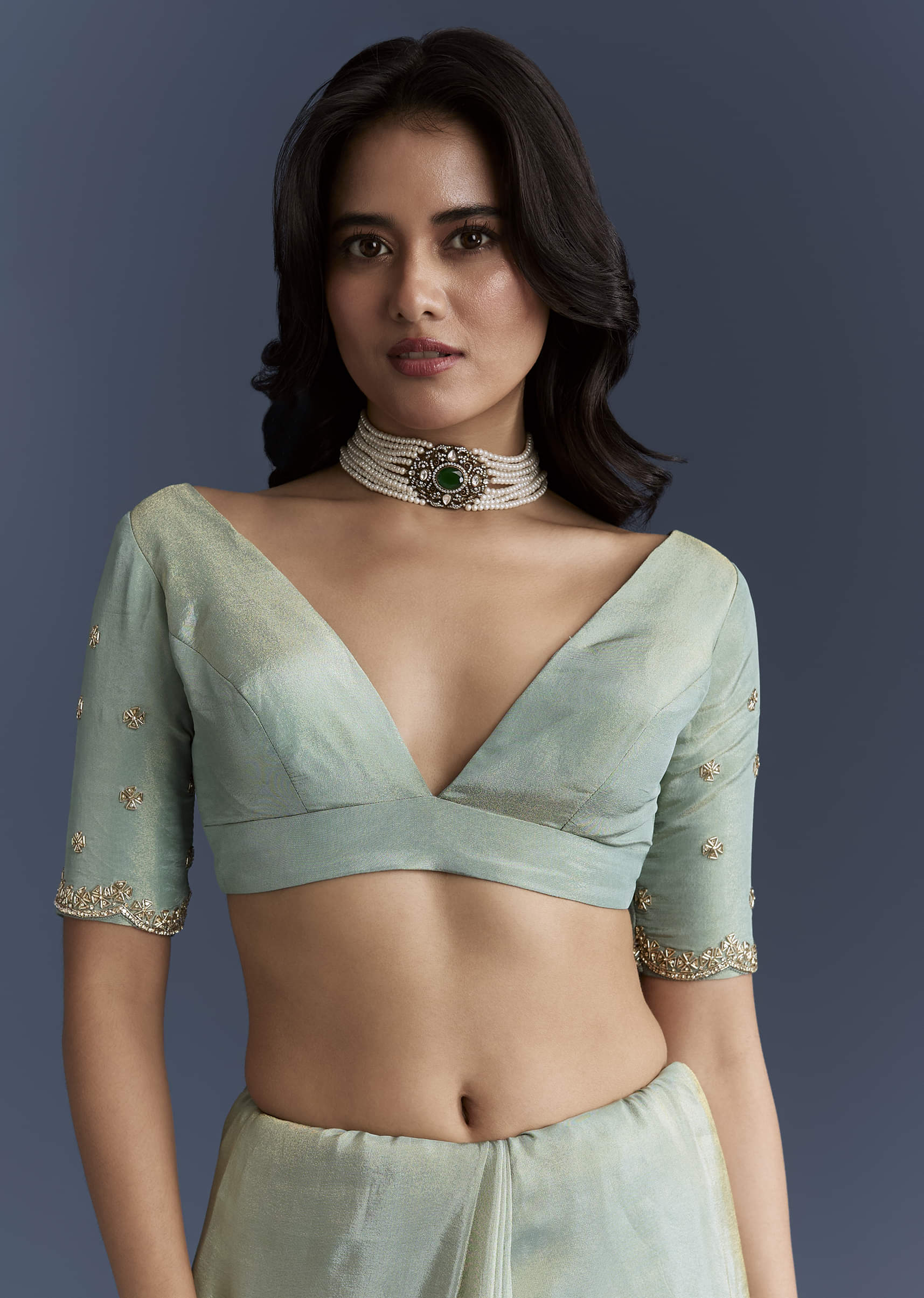 Aqua Blue Tissue Saree With Intricate Hand Embroidery - Image 7