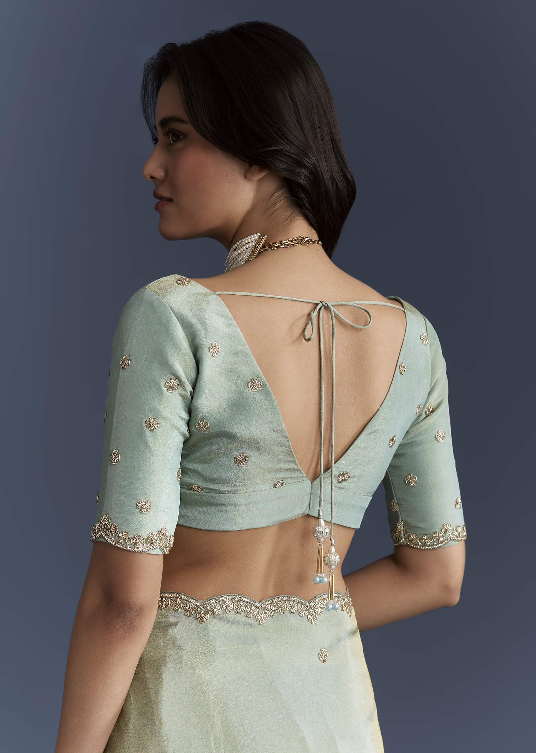 Aqua Blue Tissue Saree With Intricate Hand Embroidery - Image 8