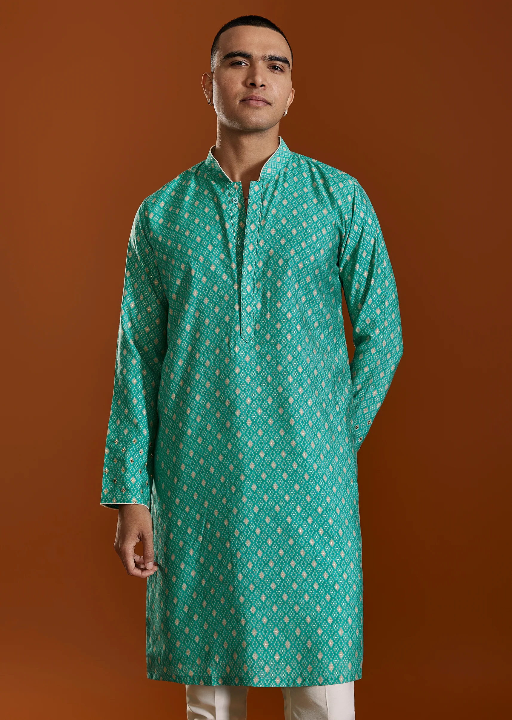 Aqua Festive Duo – Leheriya Suit For Her And Jacket Kurta Set For Him - Image 8