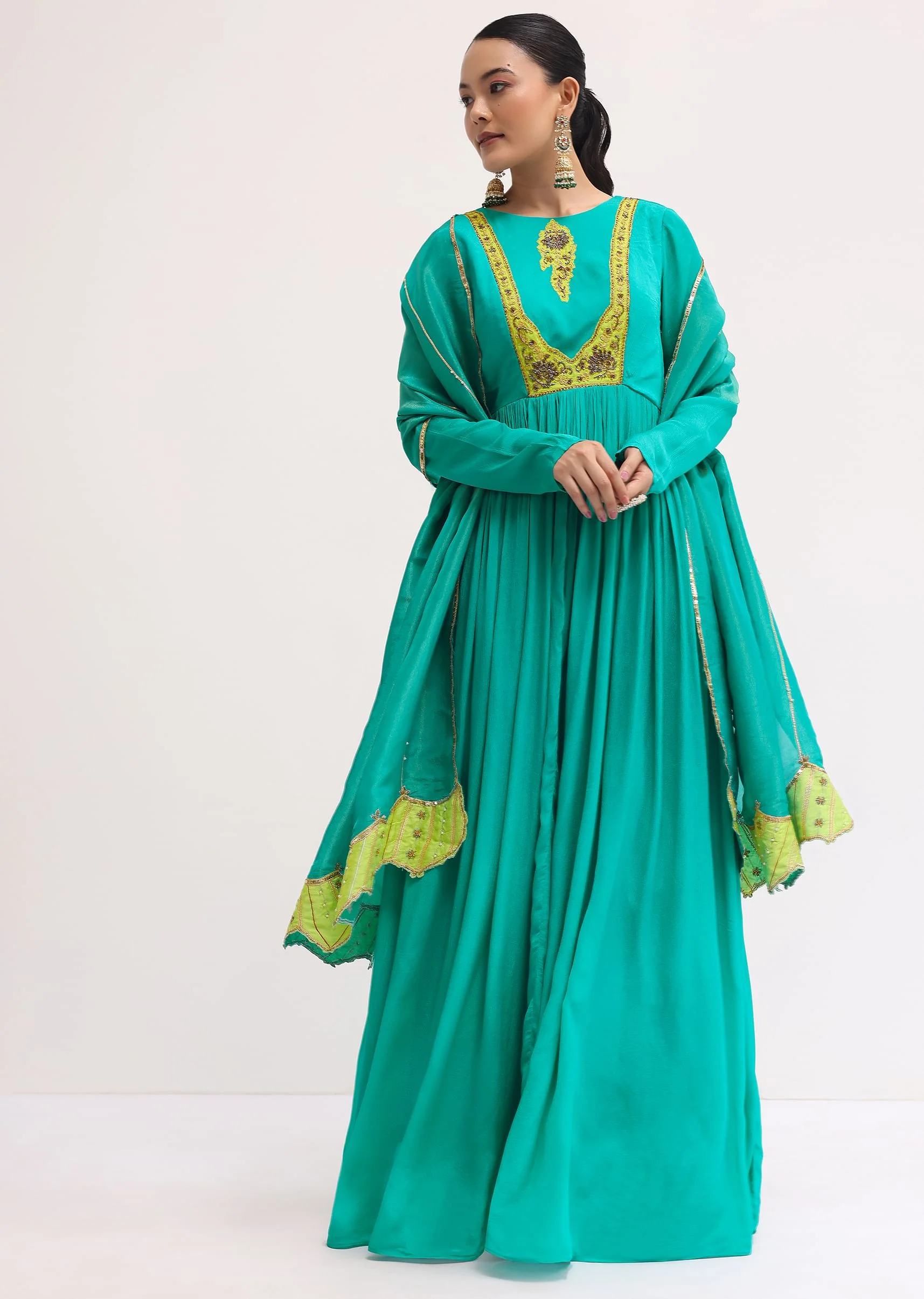 Aqua Green Chiffon Anarkali With Tissue Dupatta - Image 3