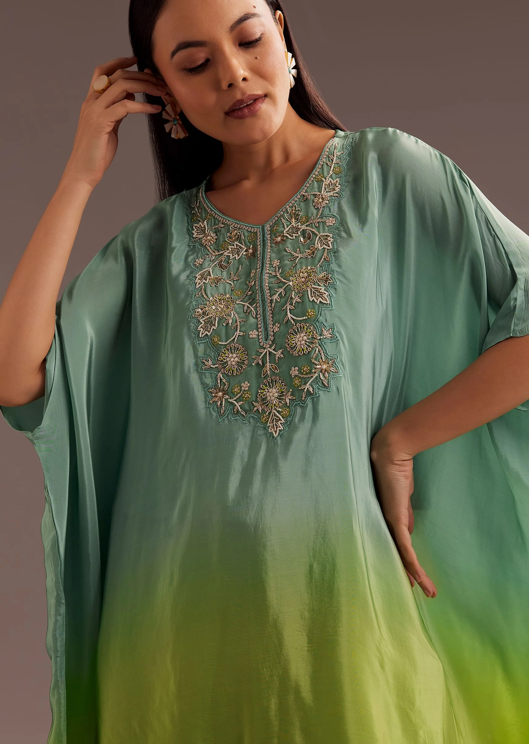 Aqua Green Ombre Moti Zardosi Kaftan Kurta Dhoti Set - Image 2