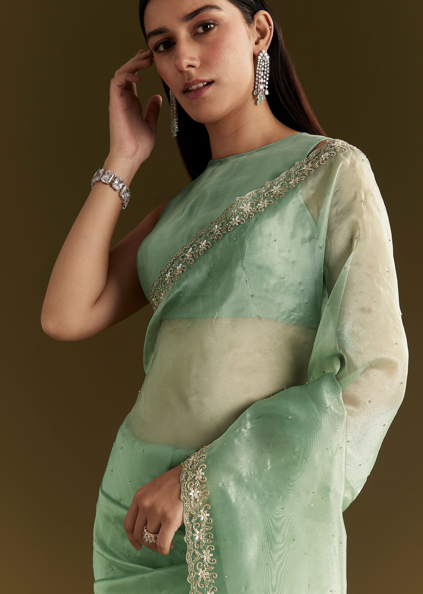 Aqua Green Organza Embroidered Saree With Scallop Border - Image 5