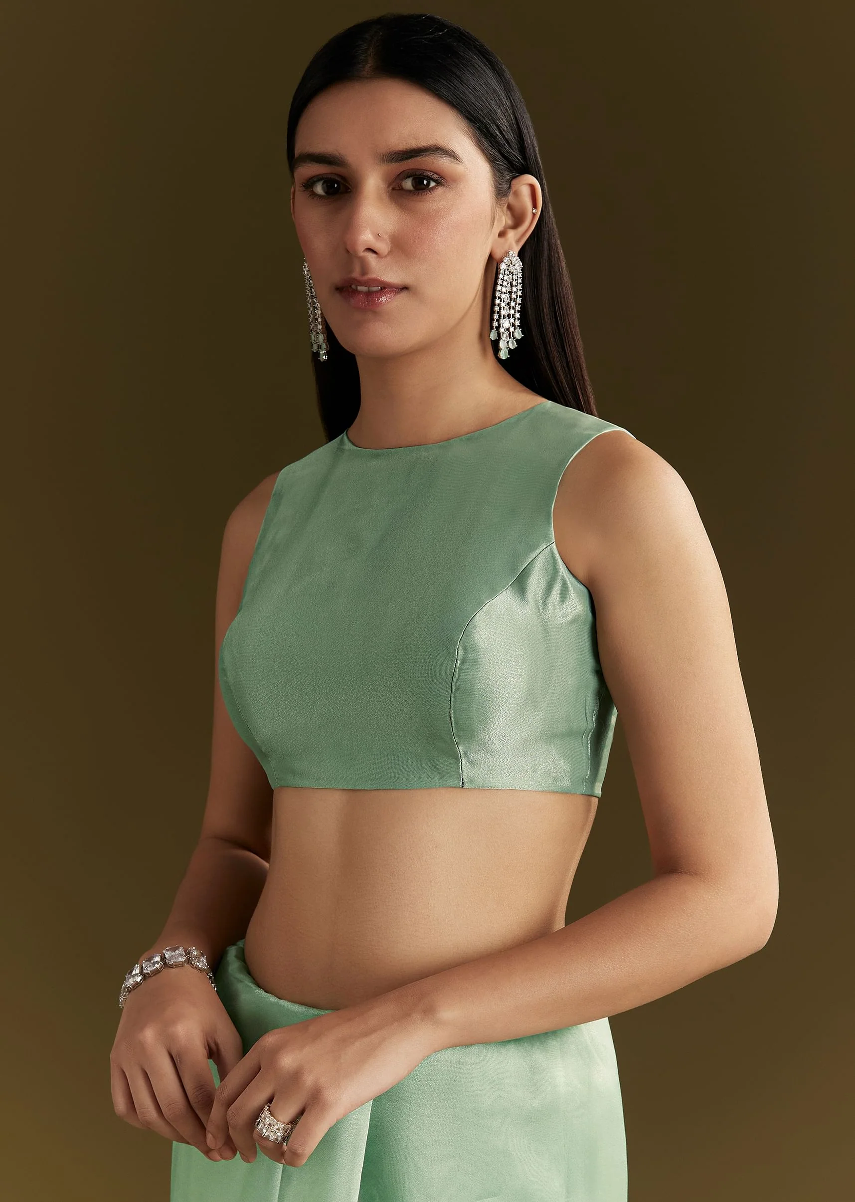 Aqua Green Organza Embroidered Saree With Scallop Border - Image 7