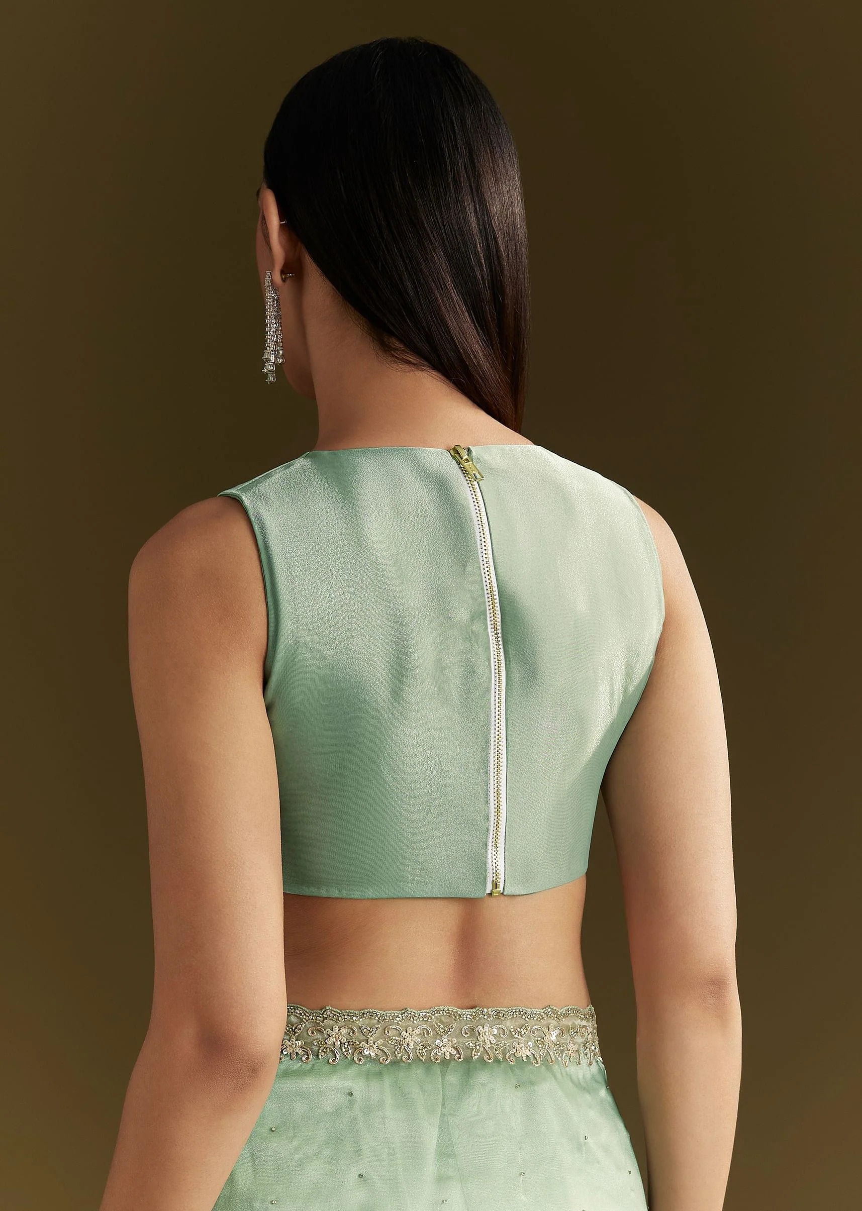 Aqua Green Organza Embroidered Saree With Scallop Border - Image 8