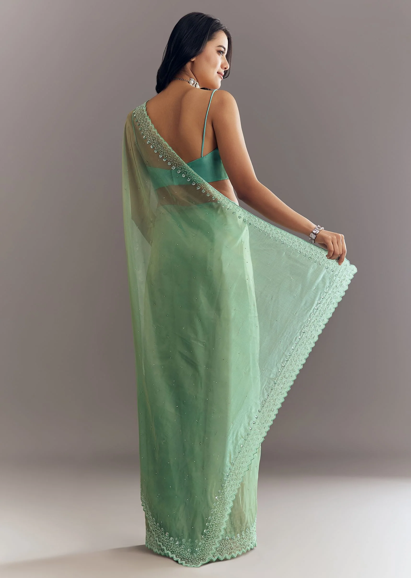 Aqua Green Organza Saree With Stones Beads And Sequins Embroidery And Scallop Border - Image 6