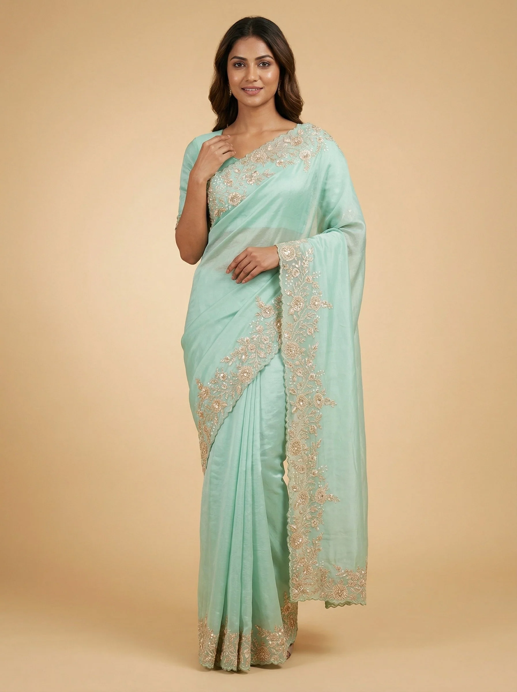 Aqua Tranquil Embroidered Saree