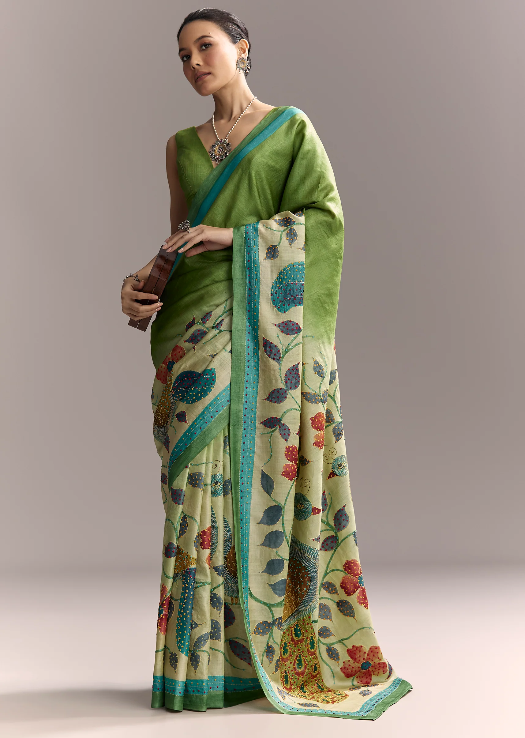 Artistic Green Festive Couple Set – Green Hand-Painted Cotton Saree For Her And Green Floral Silk Kurta Set For Him - Image 4