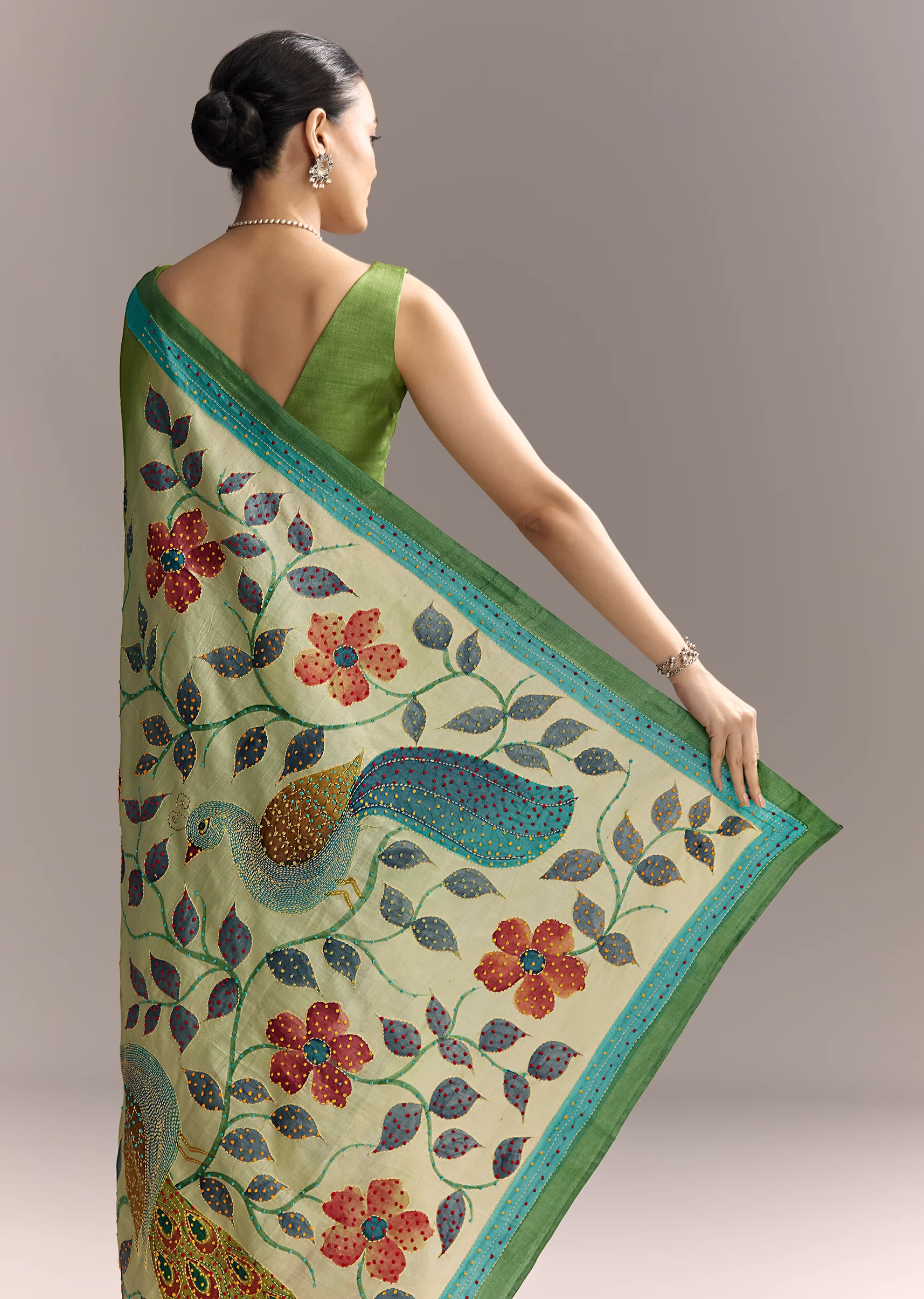 Artistic Green Festive Couple Set – Green Hand-Painted Cotton Saree For Her And Green Floral Silk Kurta Set For Him - Image 5