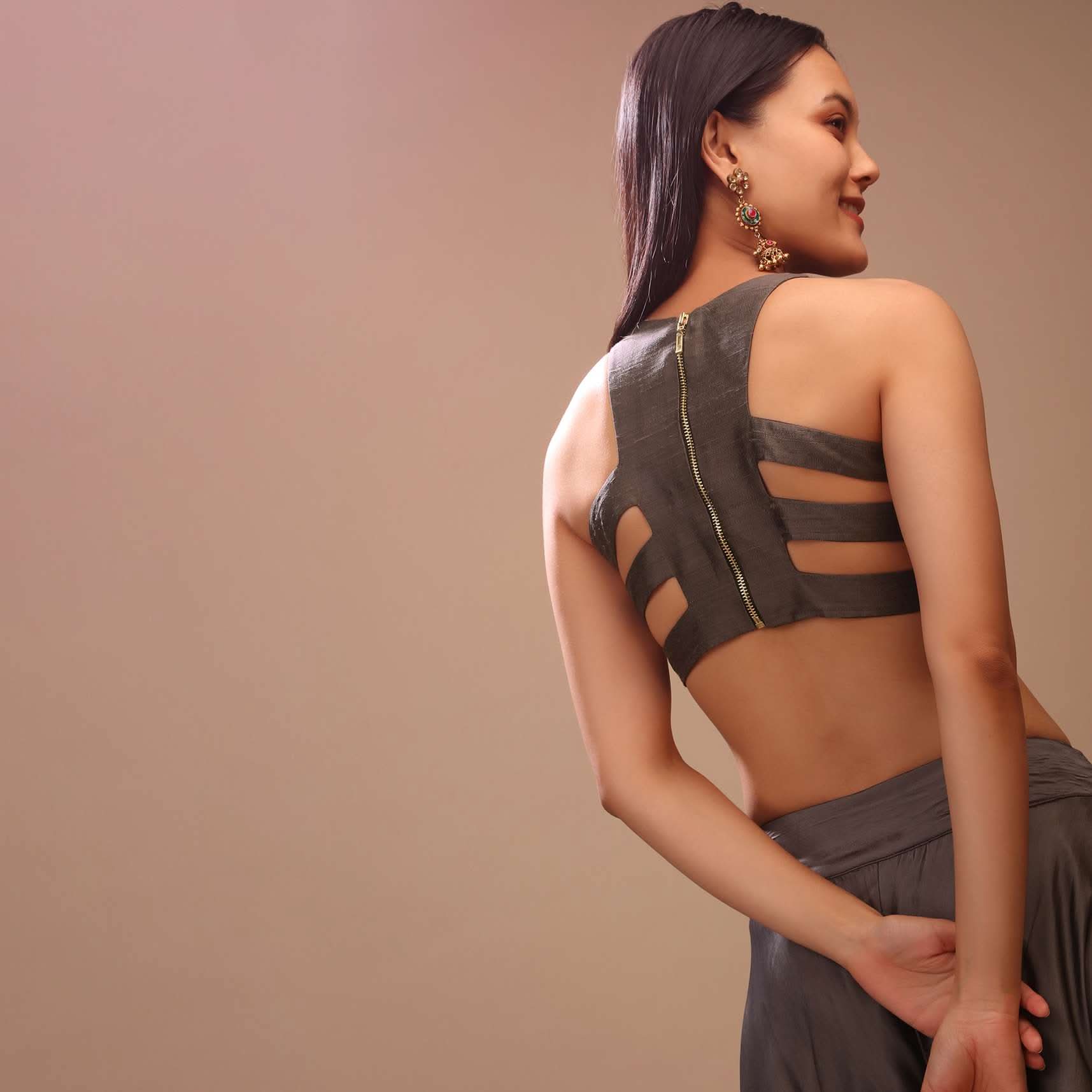 Ash Grey Blouse In Raw Silk With Stylish Cage Cut Outs On The Back And Halter Neckline - Image 3