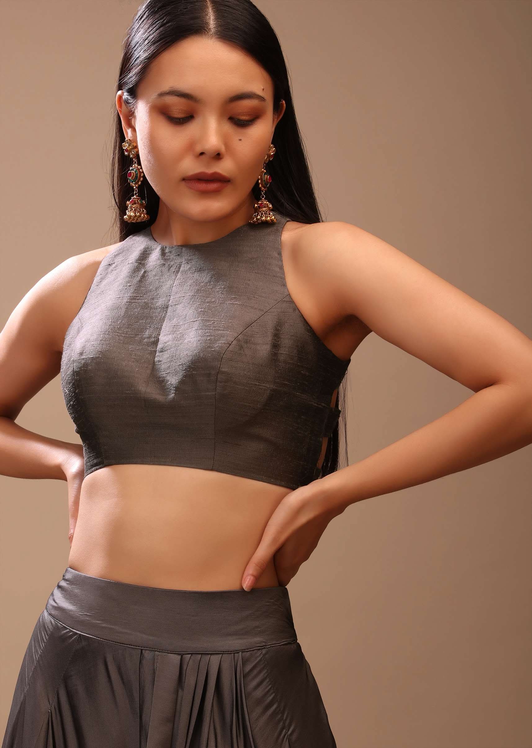 Ash Grey Blouse In Raw Silk With Stylish Cage Cut Outs On The Back And Halter Neckline - Image 7
