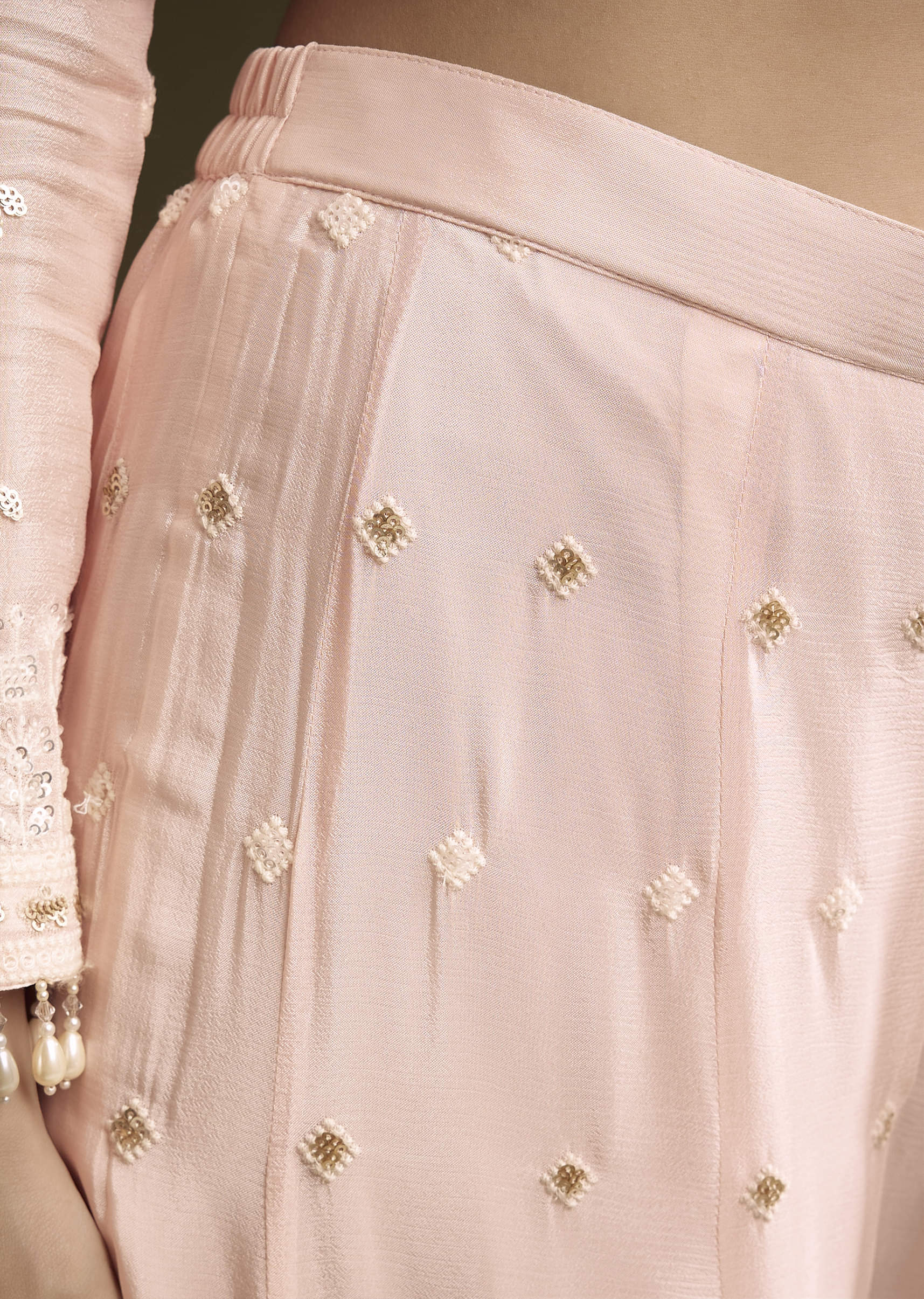 Baby Pink Chinon Palazzo Suit With Thread And Sequins Work - Image 6